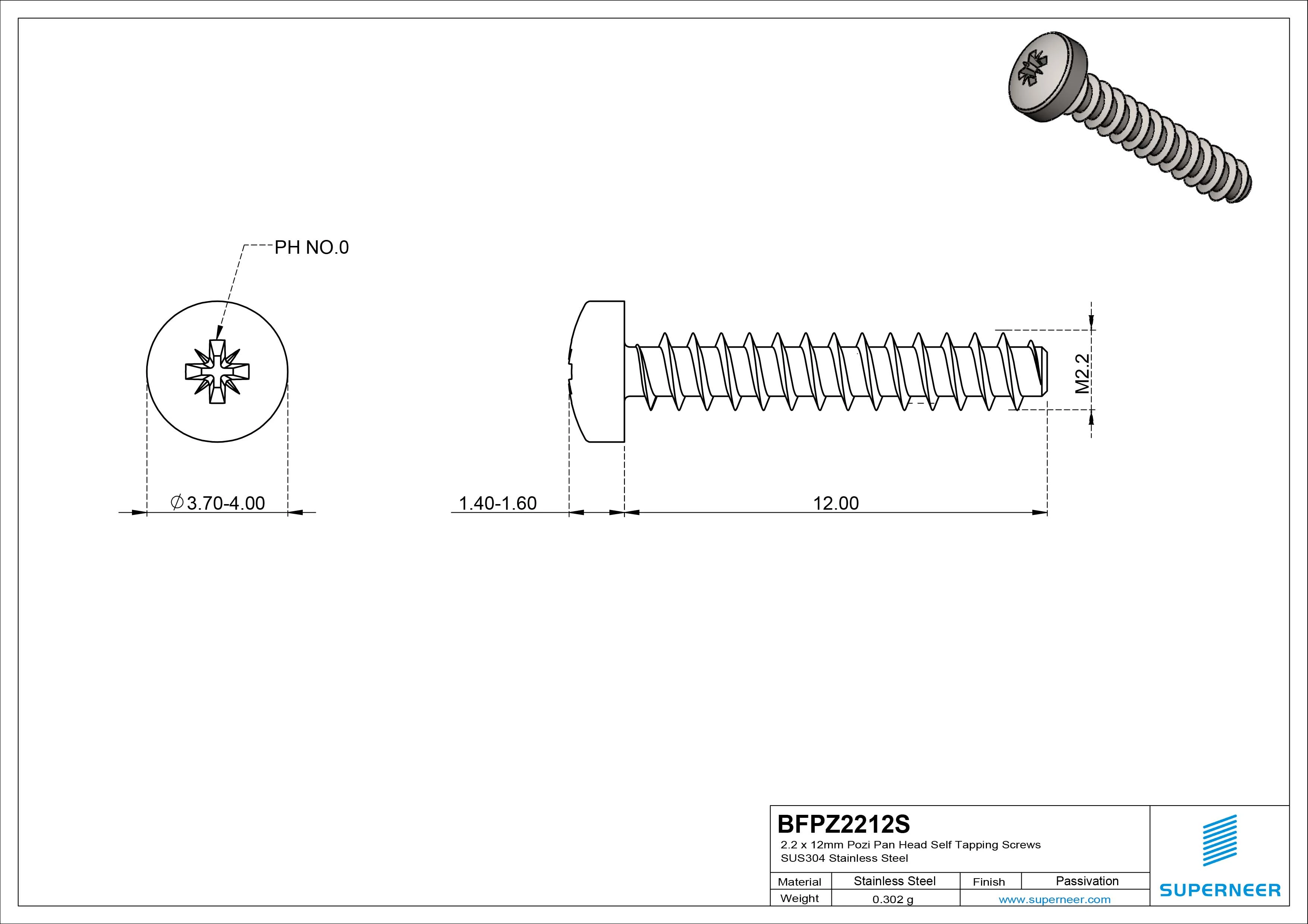 2.2 x 12mm Pozi Pan Head Self Tapping Screws SUS304 Stainless Steel