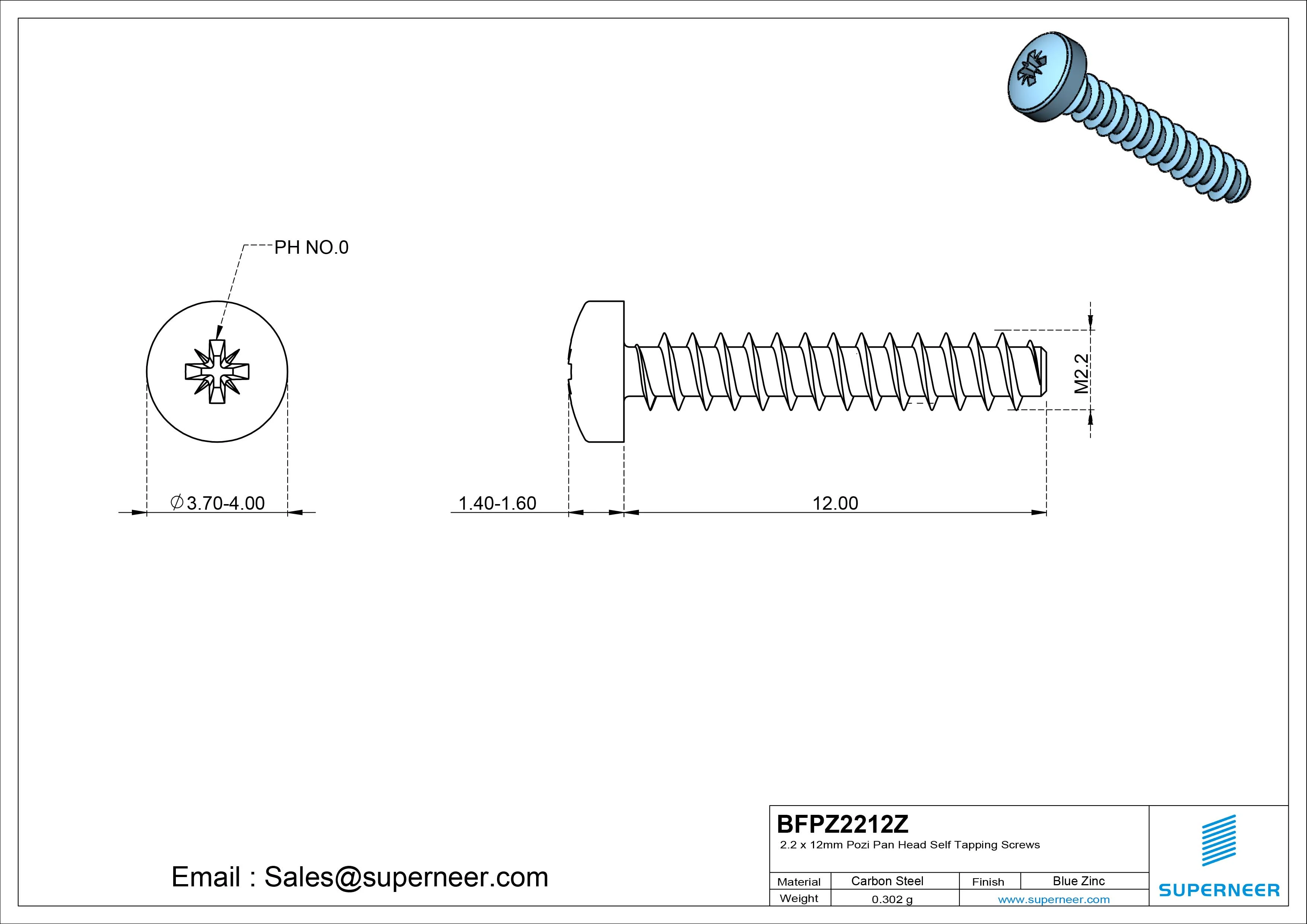 2.2 x 12mm Pozi Pan Head Self Tapping Screws Steel Blue Zinc Plated