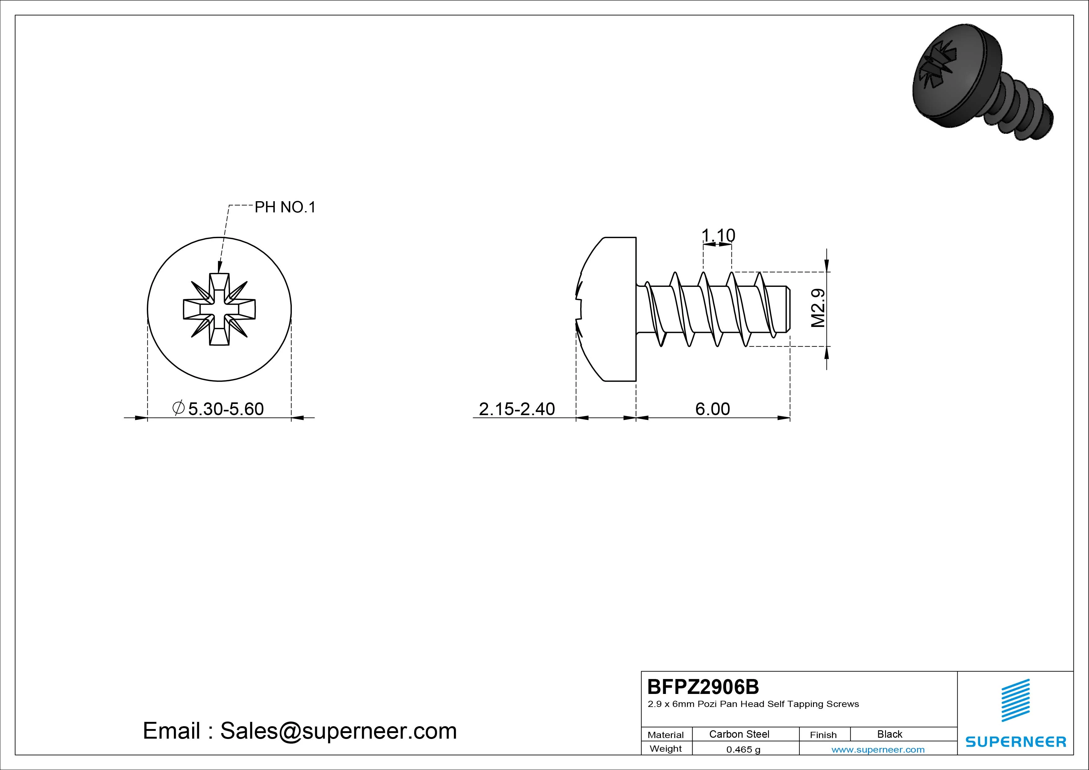 2.9 x 6mm Pozi Pan Head Self Tapping Screws Steel Black Zinc Plated