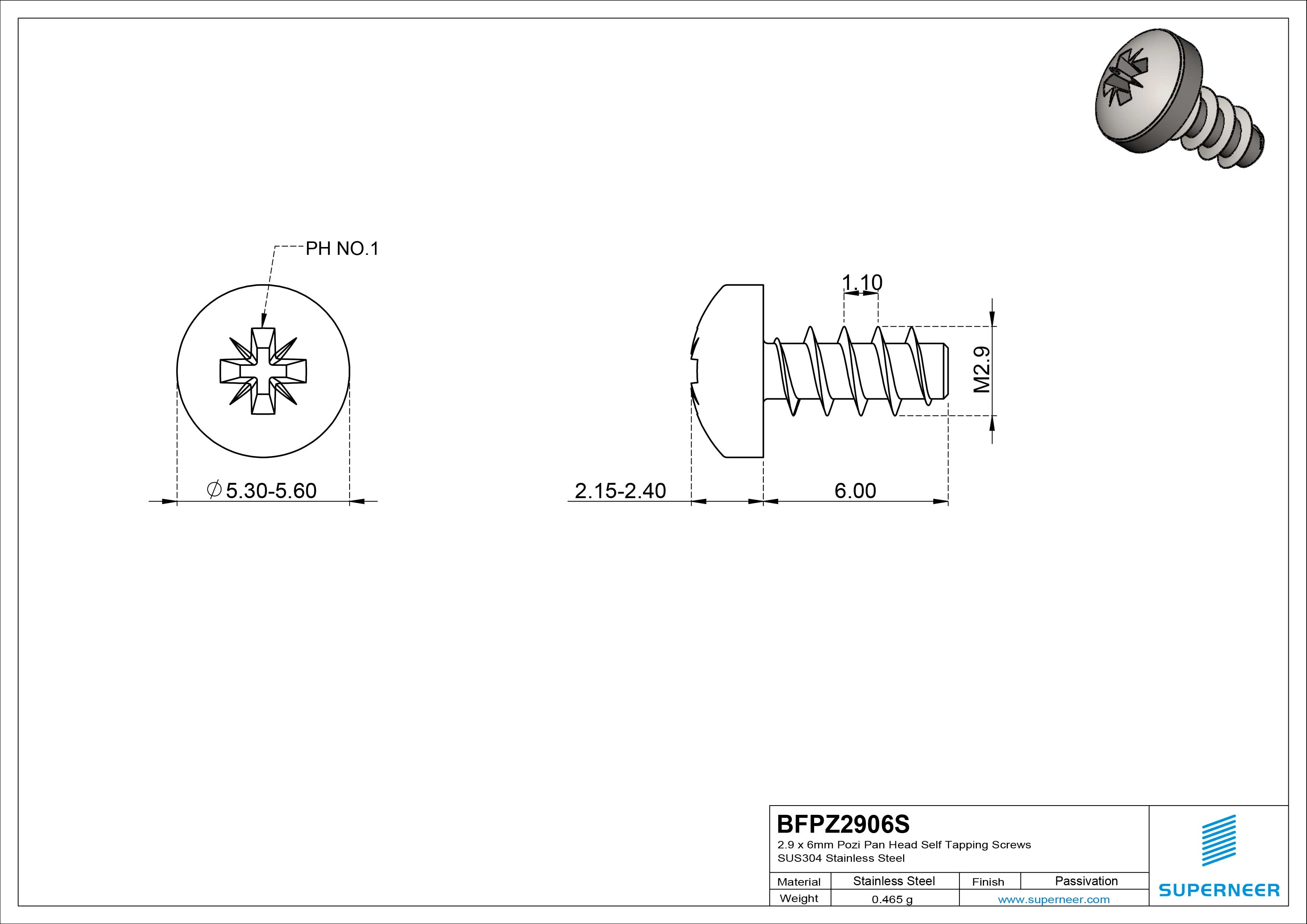 2.9 x 6mm Pozi Pan Head Self Tapping Screws SUS304 Stainless Steel