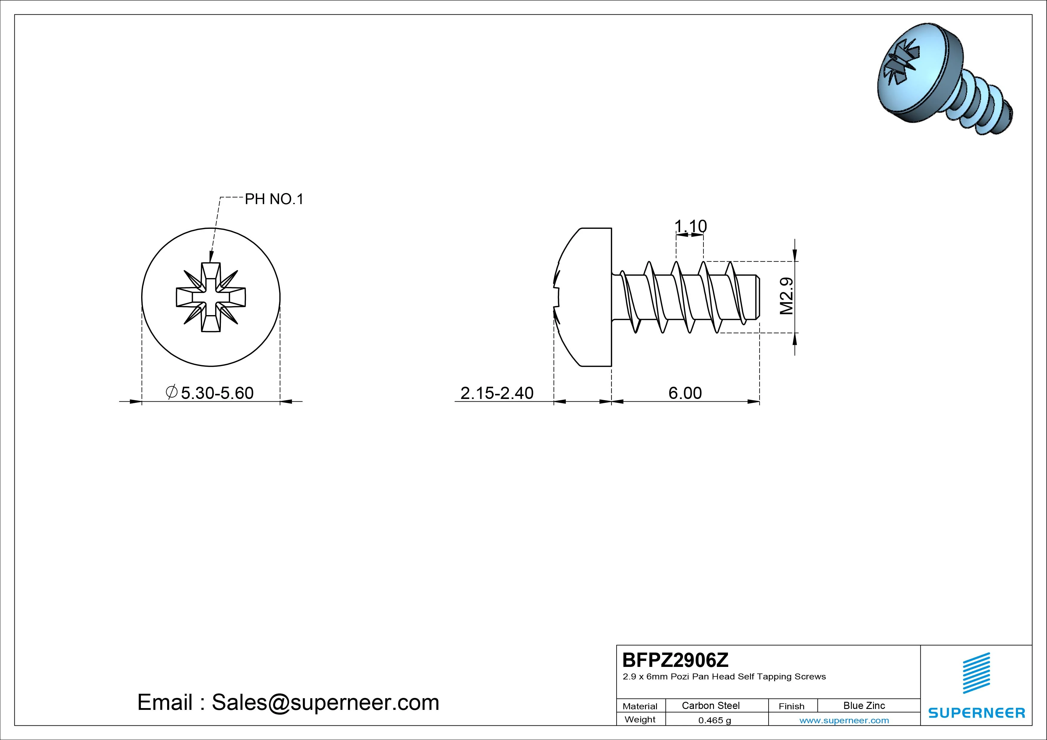 2.9 x 6mm Pozi Pan Head Self Tapping Screws Steel Blue Zinc Plated