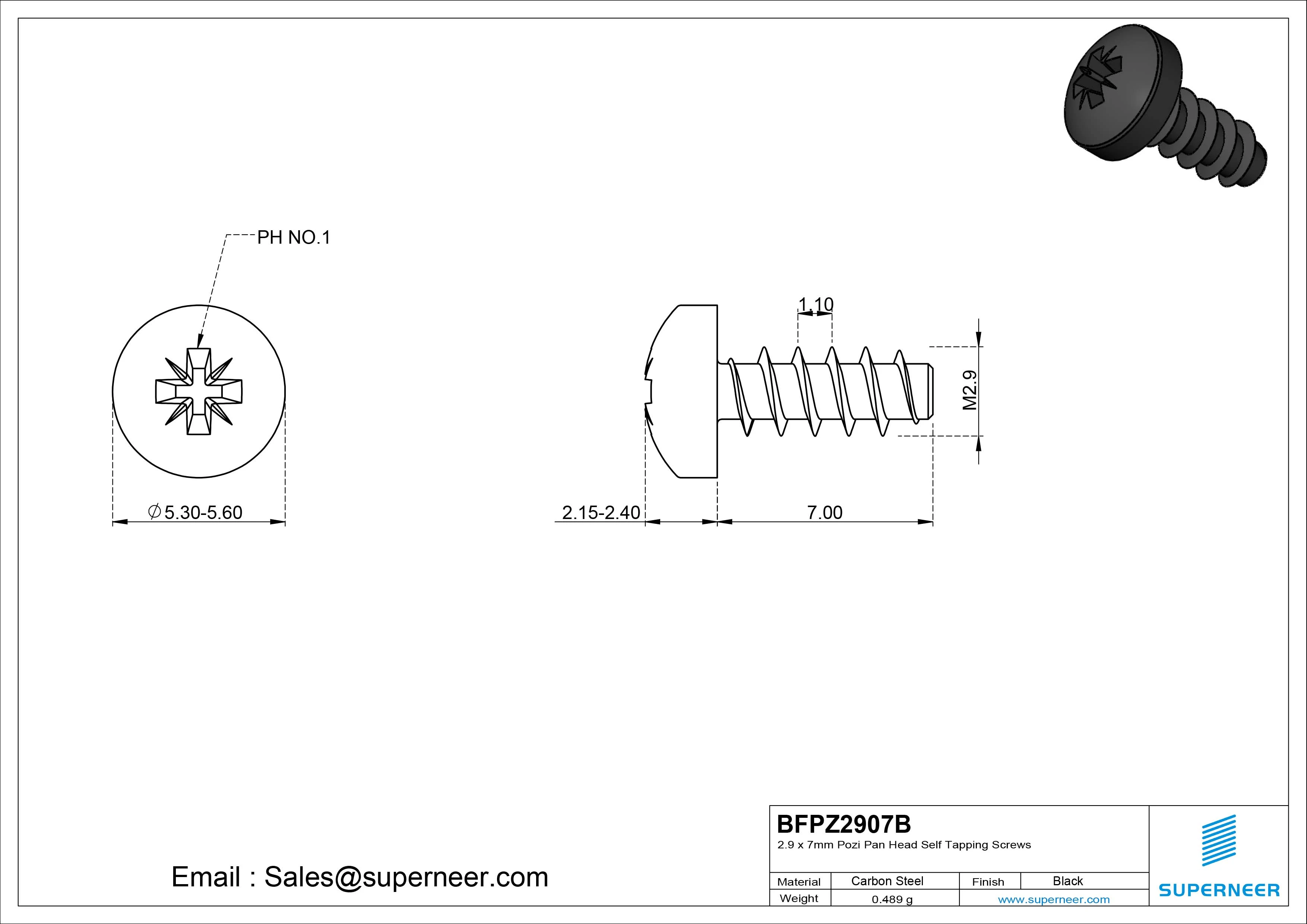 2.9 x 7mm Pozi Pan Head Self Tapping Screws Steel Black Zinc Plated
