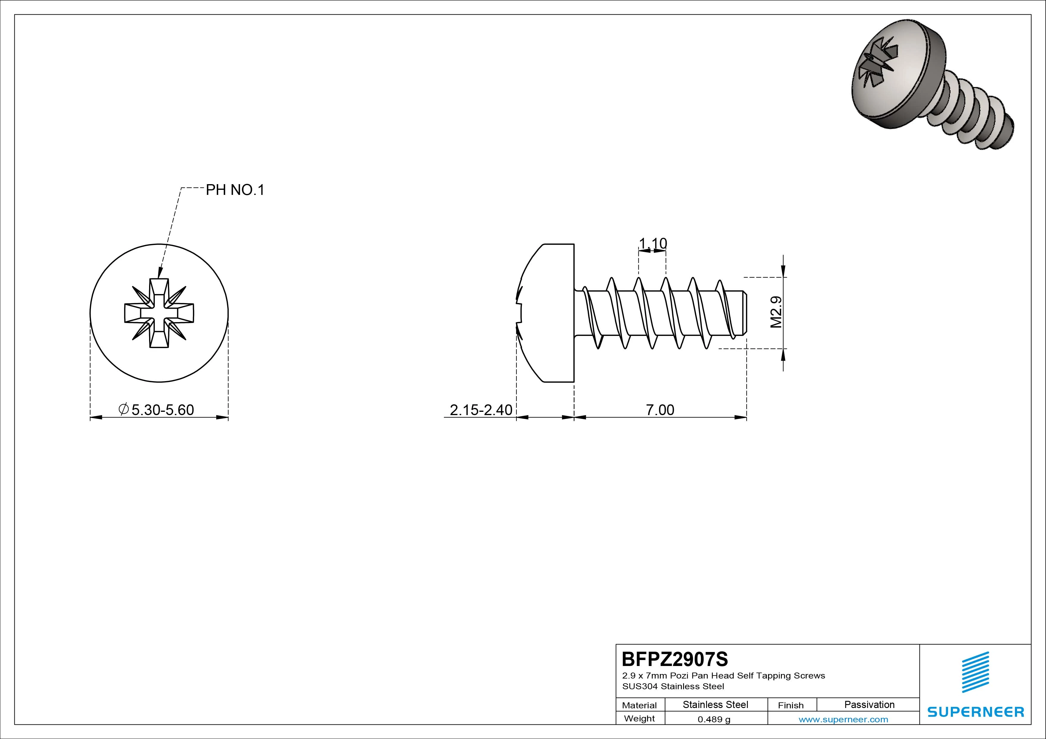 2.9 x 7mm Pozi Pan Head Self Tapping Screws SUS304 Stainless Steel