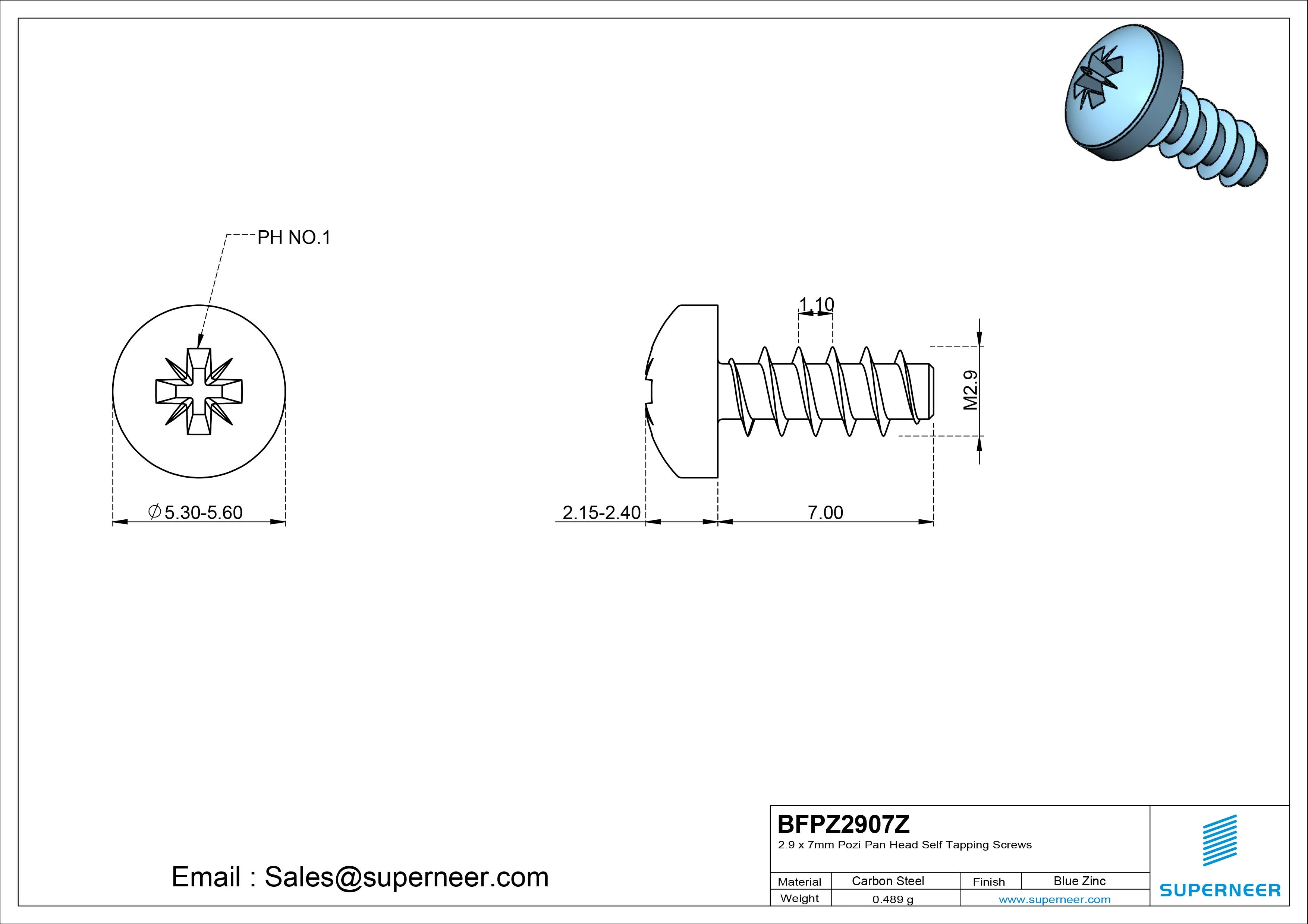 2.9 x 7mm Pozi Pan Head Self Tapping Screws Steel Blue Zinc Plated