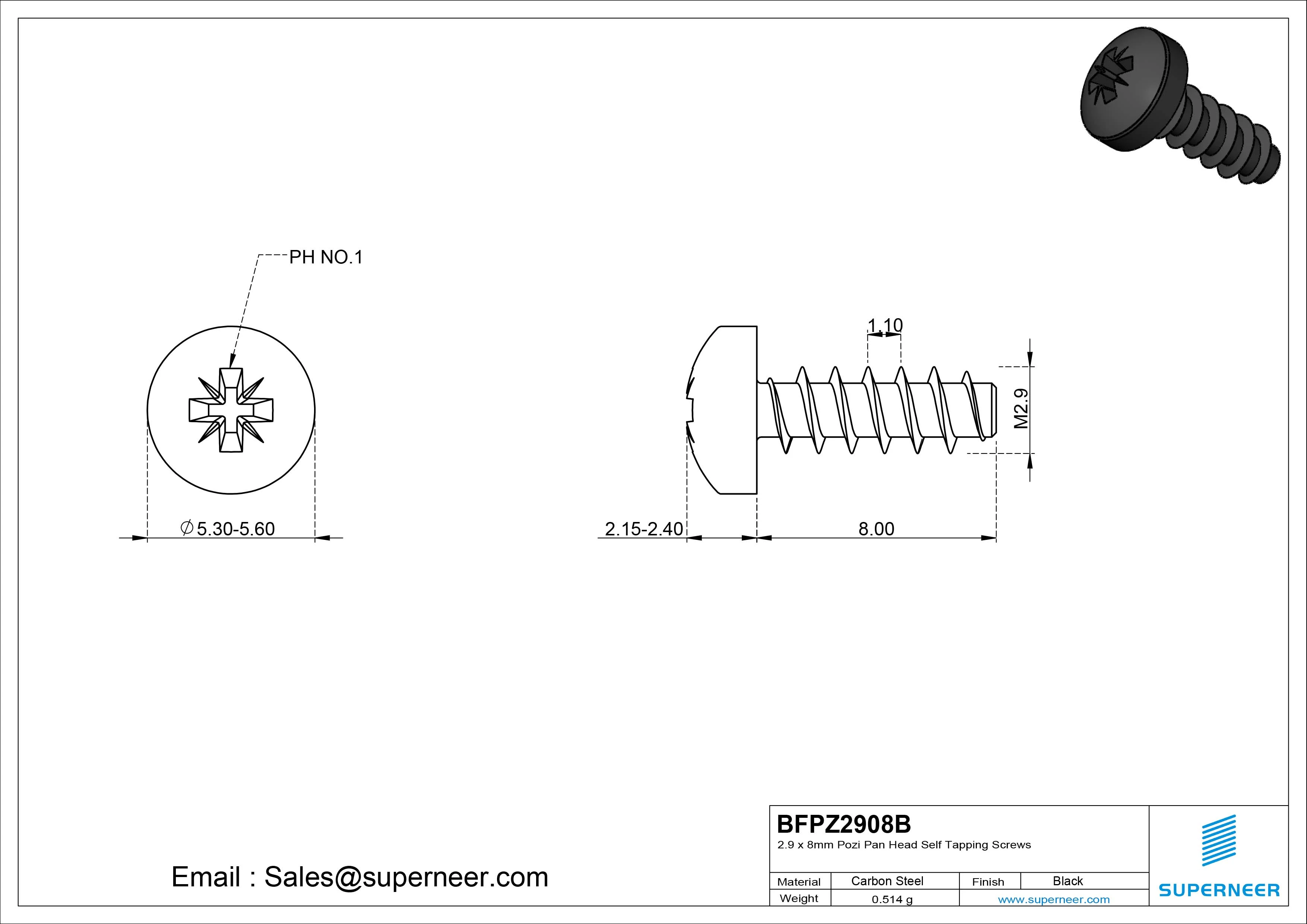 2.9 x 8mm Pozi Pan Head Self Tapping Screws Steel Black Zinc Plated