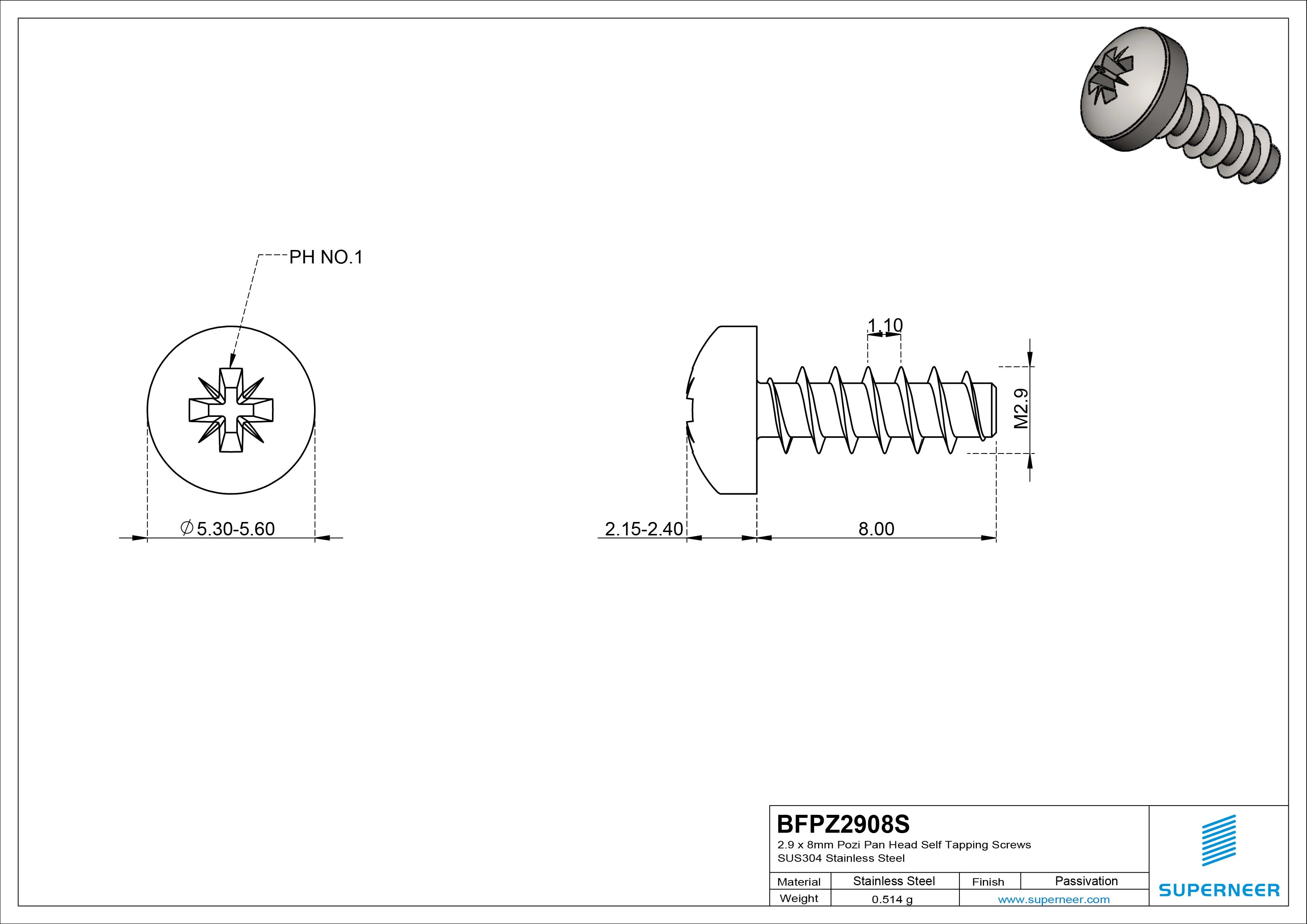 2.9 x 8mm Pozi Pan Head Self Tapping Screws SUS304 Stainless Steel