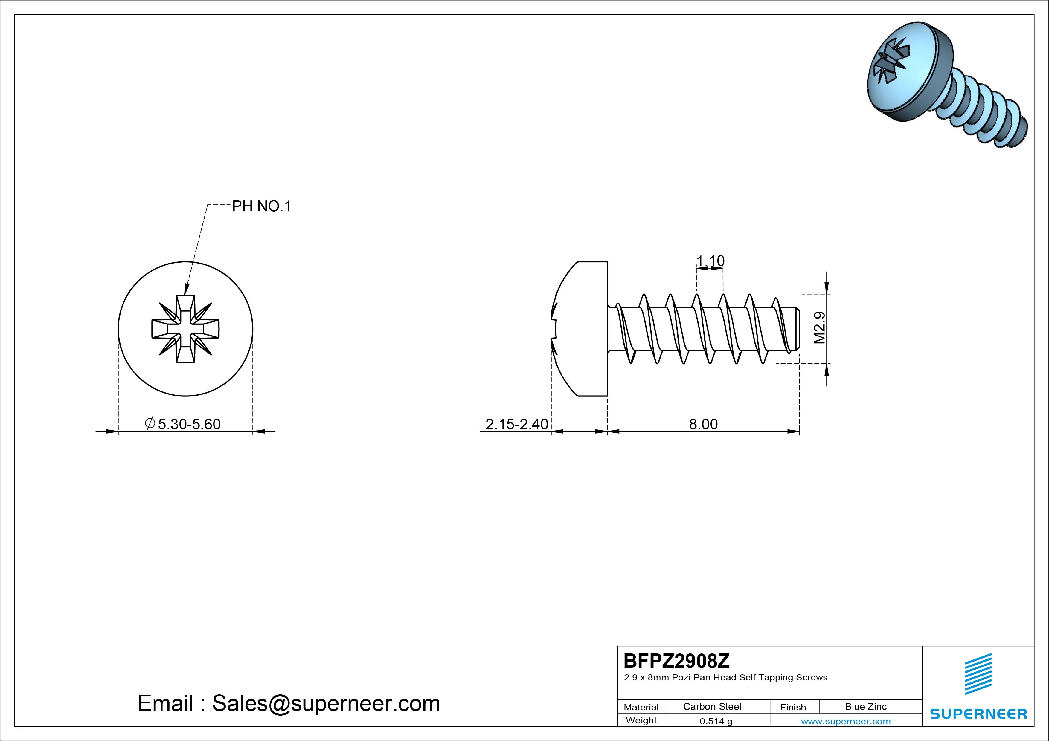 2.9 x 8mm Pozi Pan Head Self Tapping Screws Steel Blue Zinc Plated