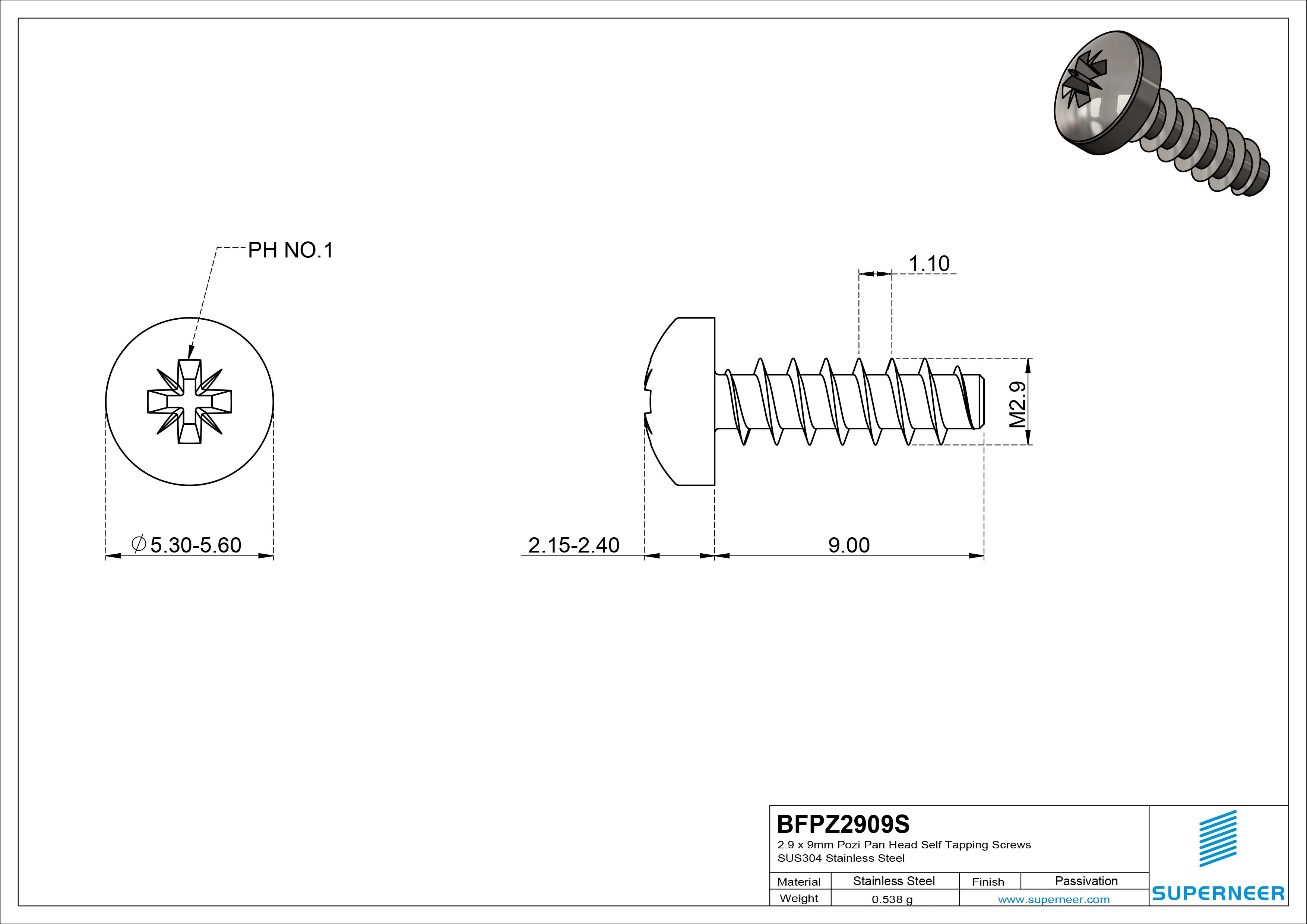 2.9 x 9mm Pozi Pan Head Self Tapping Screws SUS304 Stainless Steel