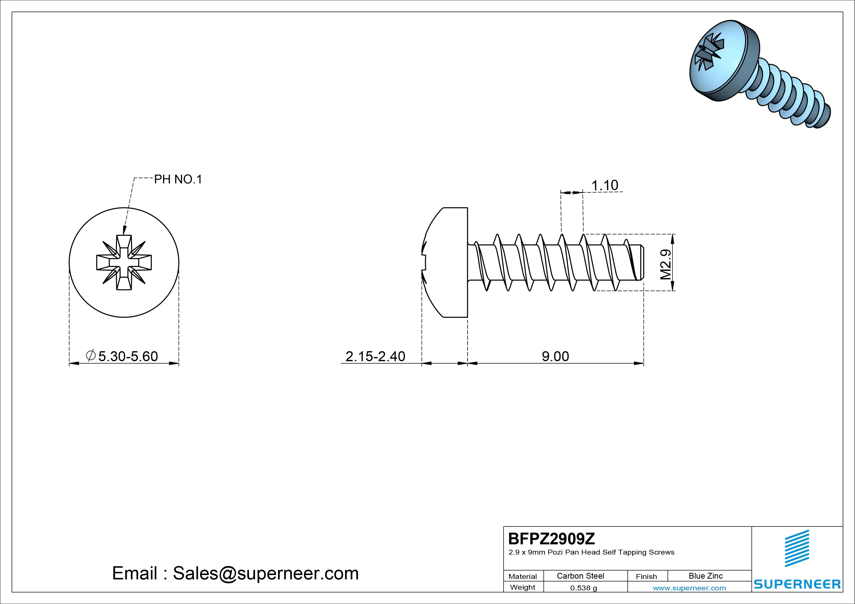 2.9 x 9mm Pozi Pan Head Self Tapping Screws Steel Blue Zinc Plated