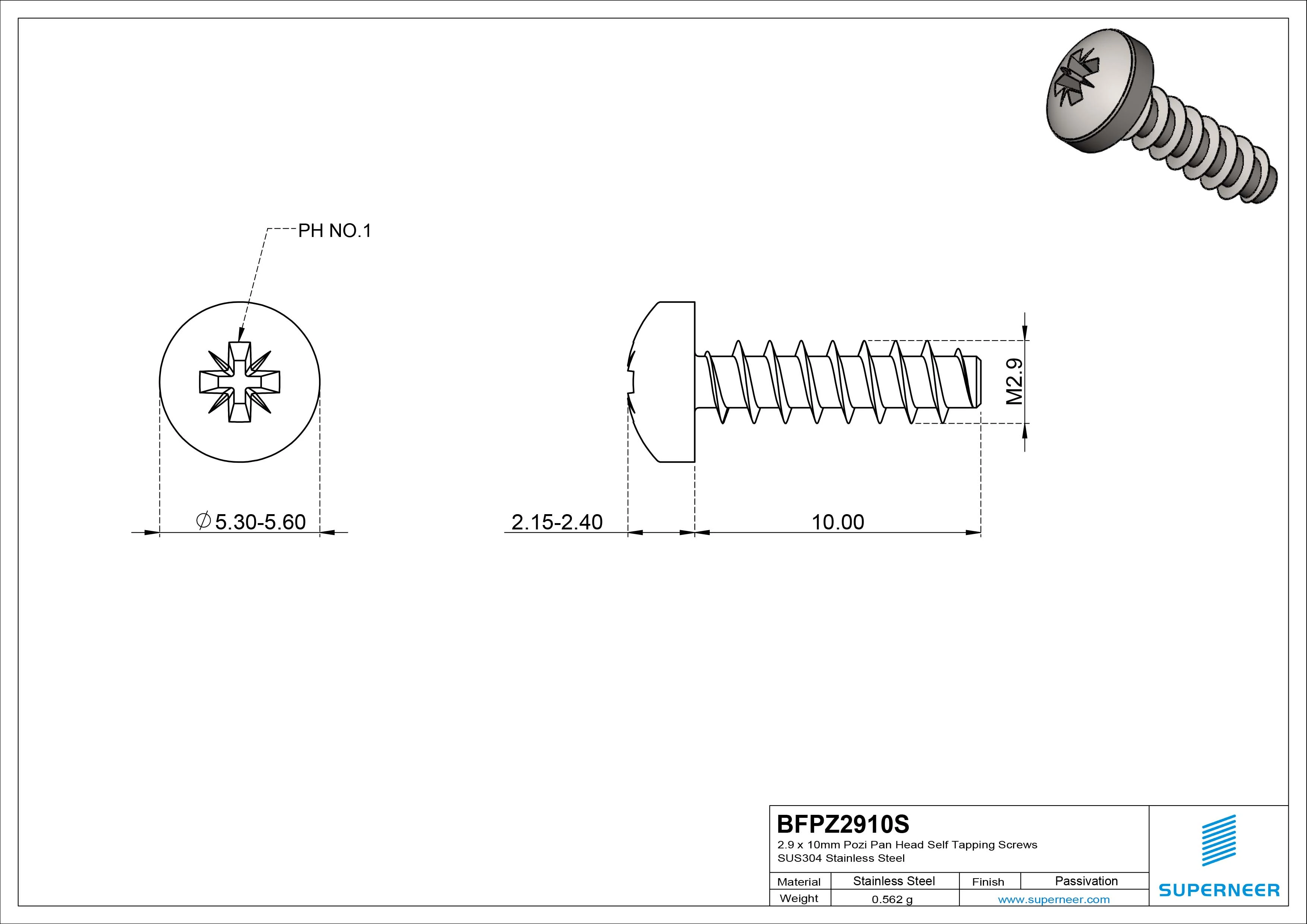 2.9 x 10mm Pozi Pan Head Self Tapping Screws SUS304 Stainless Steel