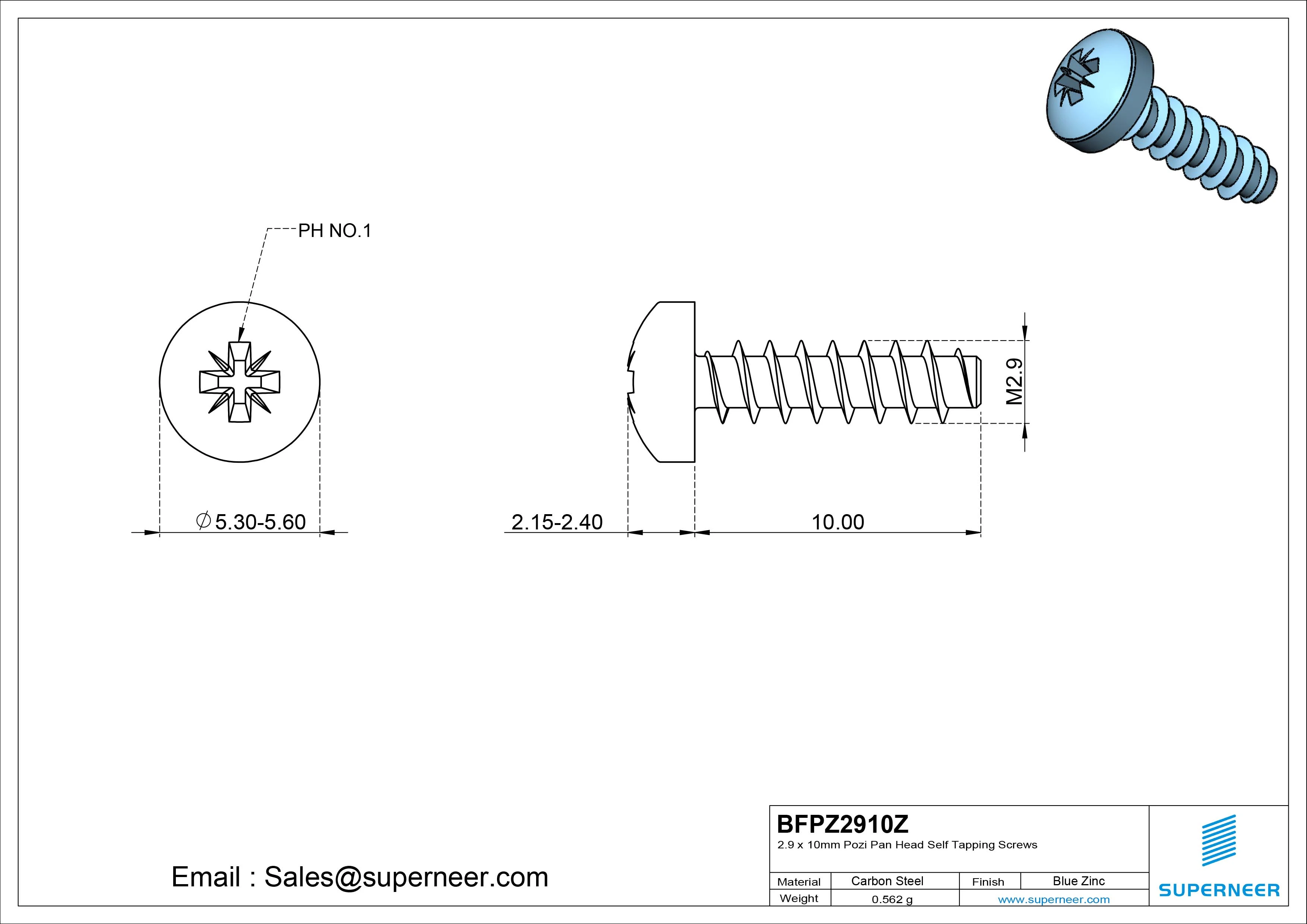 2.9 x 10mm Pozi Pan Head Self Tapping Screws Steel Blue Zinc Plated