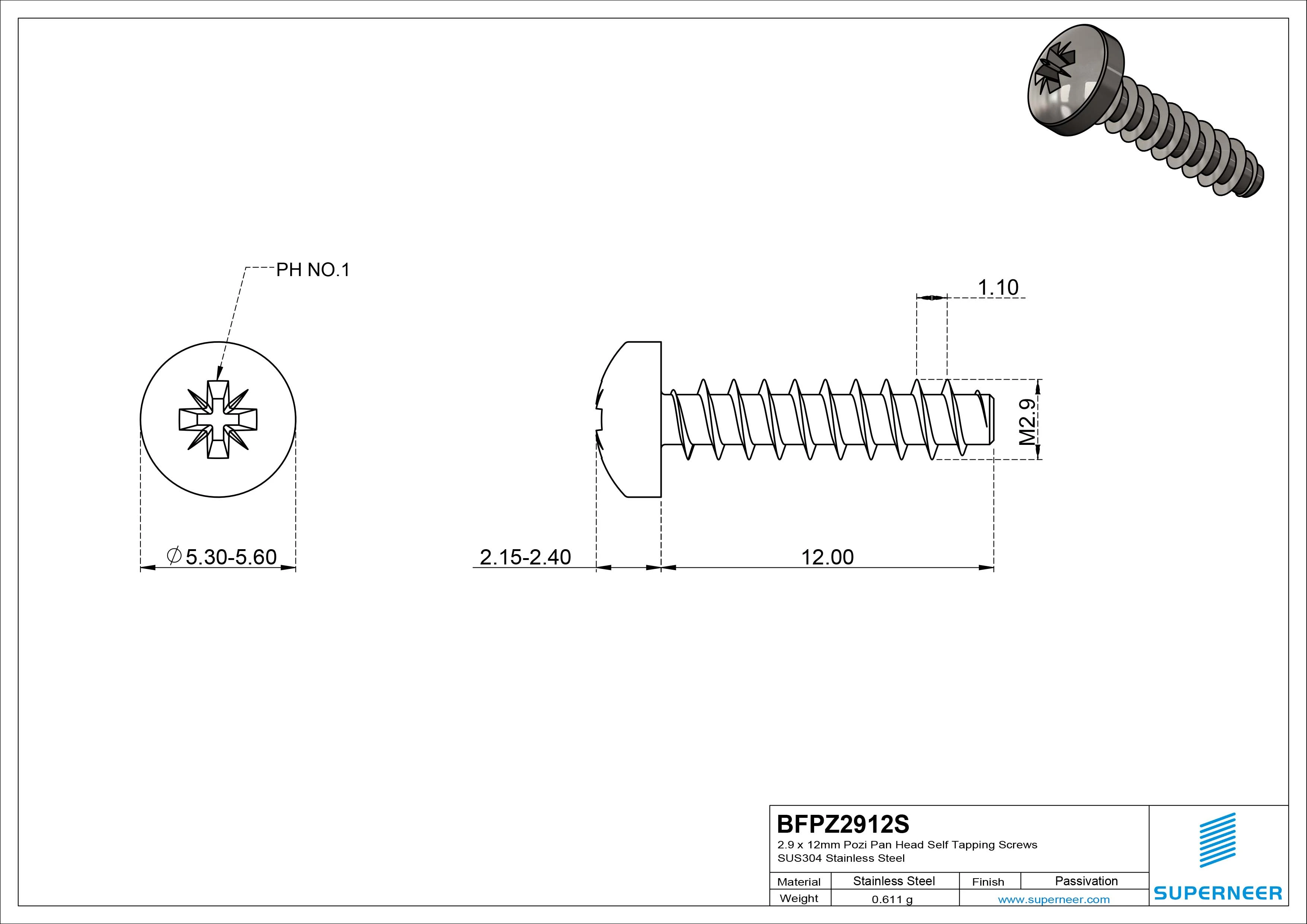 2.9 x 12mm Pozi Pan Head Self Tapping Screws SUS304 Stainless Steel