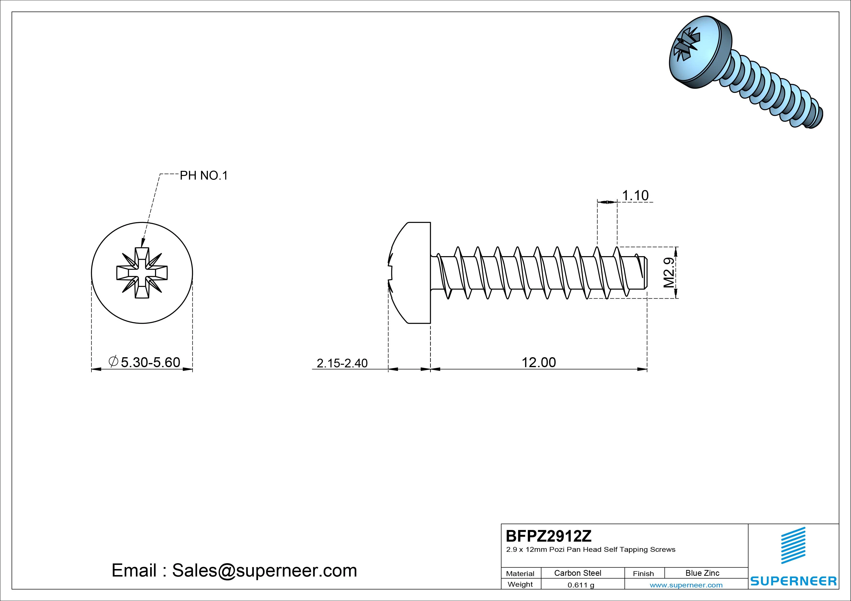 2.9 x 12mm Pozi Pan Head Self Tapping Screws Steel Blue Zinc Plated