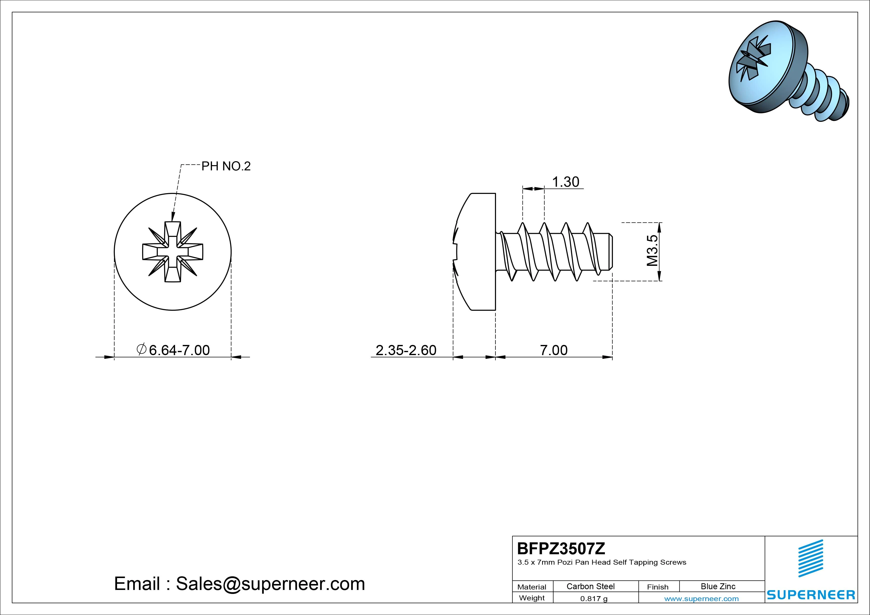 3.5 x 7mm Pozi Pan Head Self Tapping Screws Steel Blue Zinc Plated
