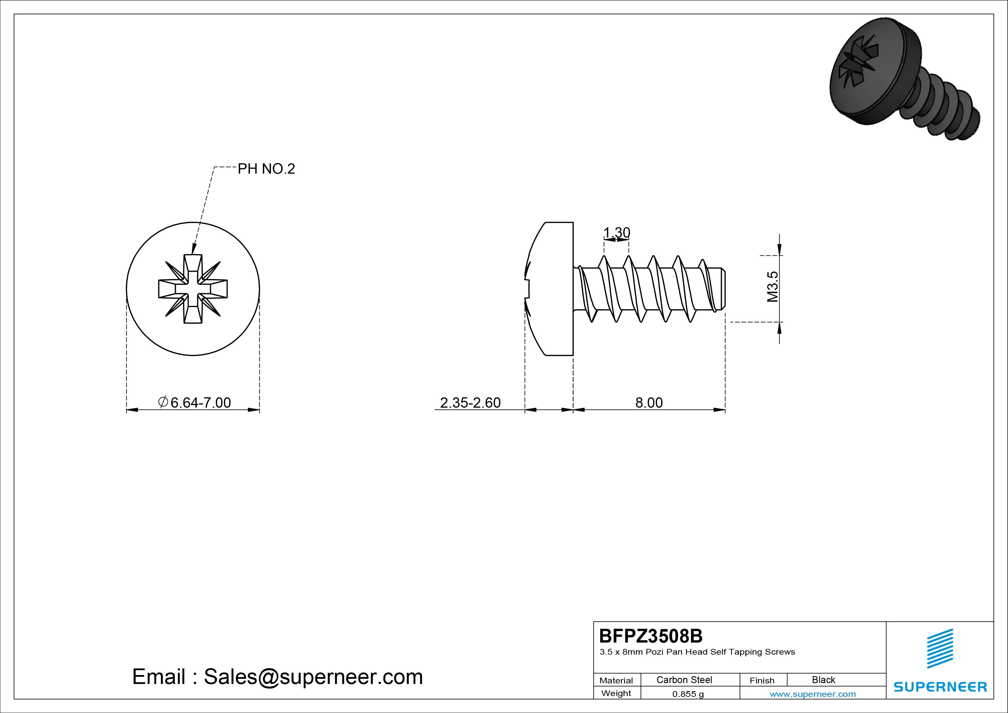 3.5 x 8mm Pozi Pan Head Self Tapping Screws Steel Black Zinc Plated