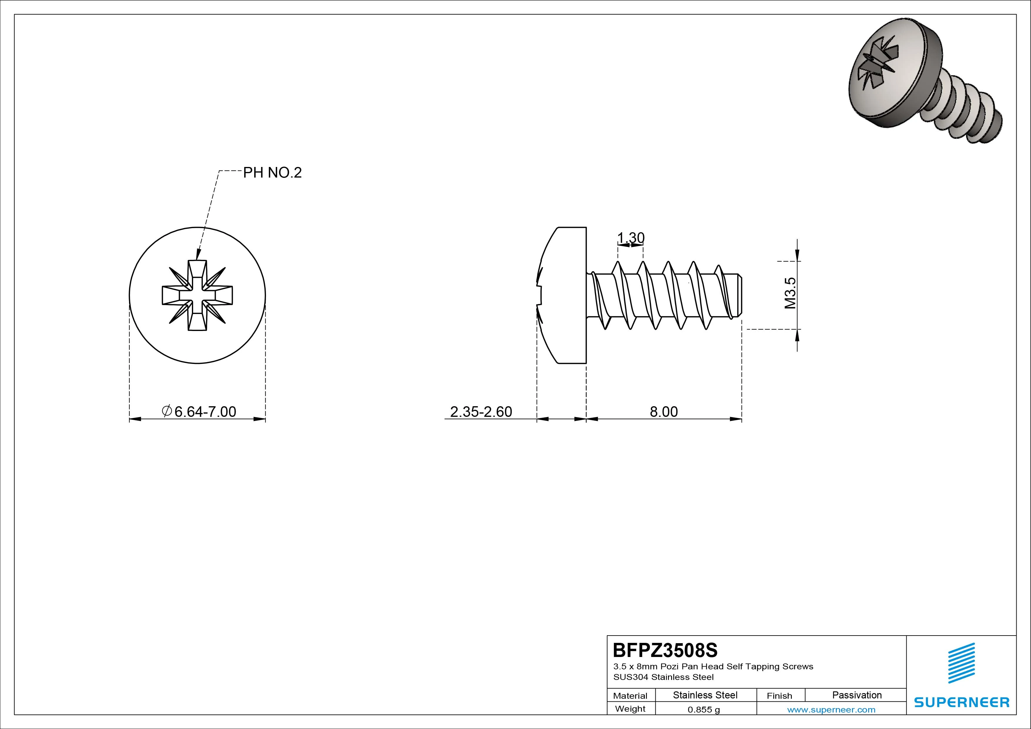 3.5 x 8mm Pozi Pan Head Self Tapping Screws SUS304 Stainless Steel