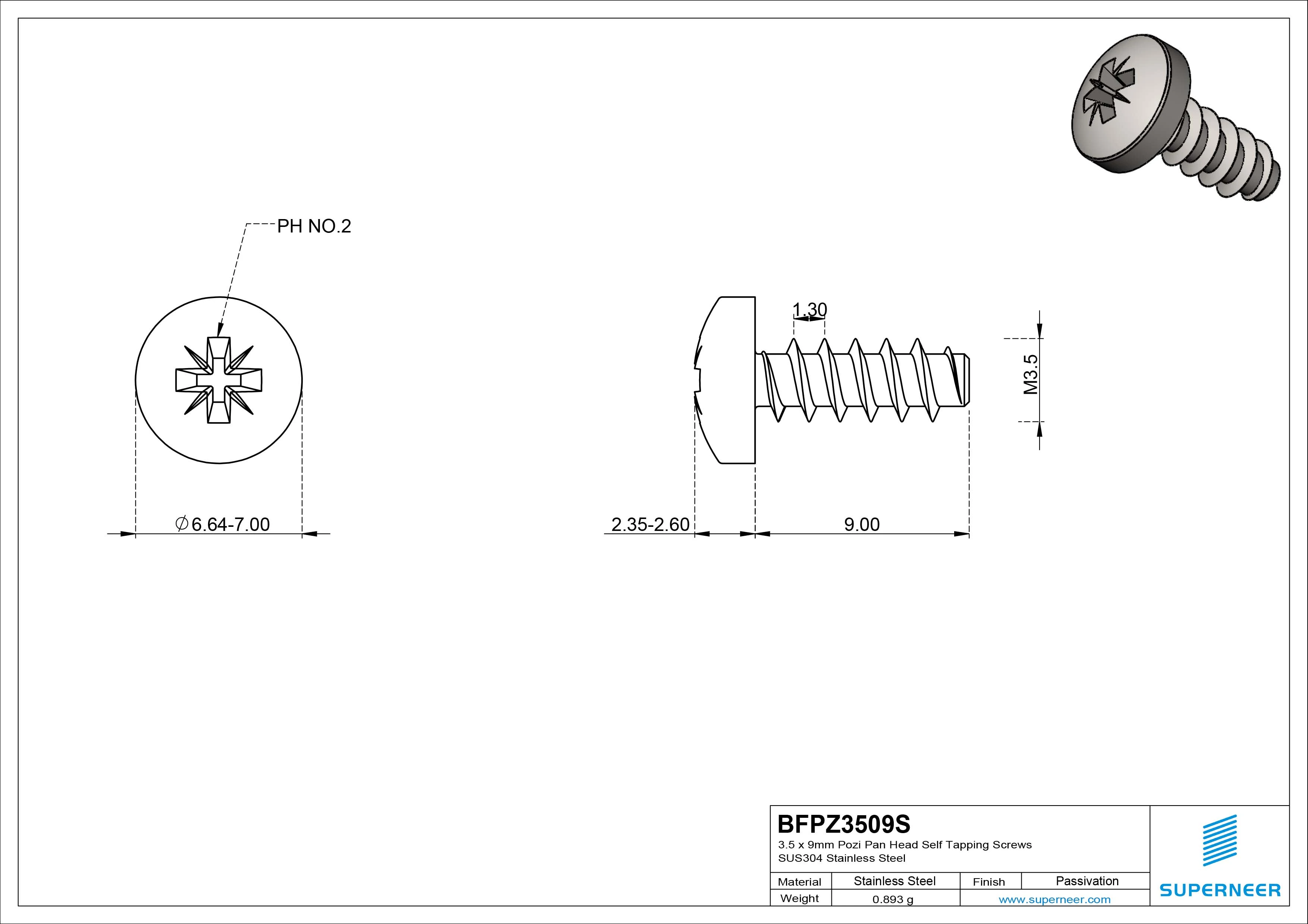 3.5 x 9mm Pozi Pan Head Self Tapping Screws SUS304 Stainless Steel