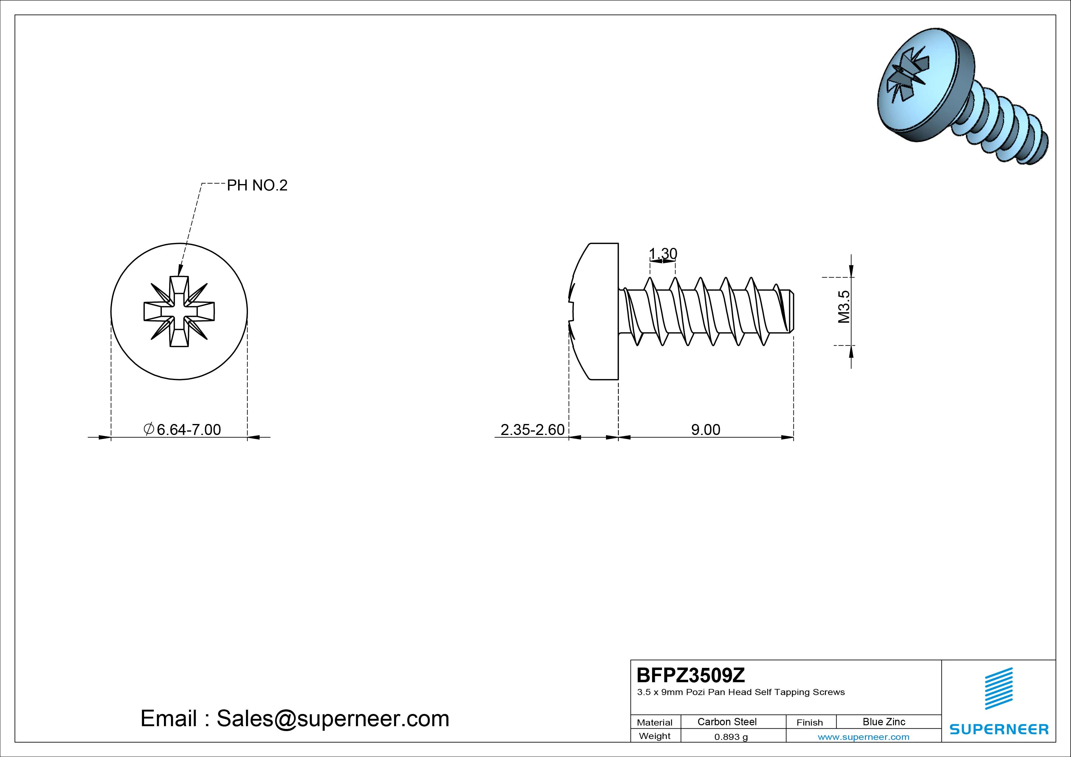3.5 x 9mm Pozi Pan Head Self Tapping Screws Steel Blue Zinc Plated
