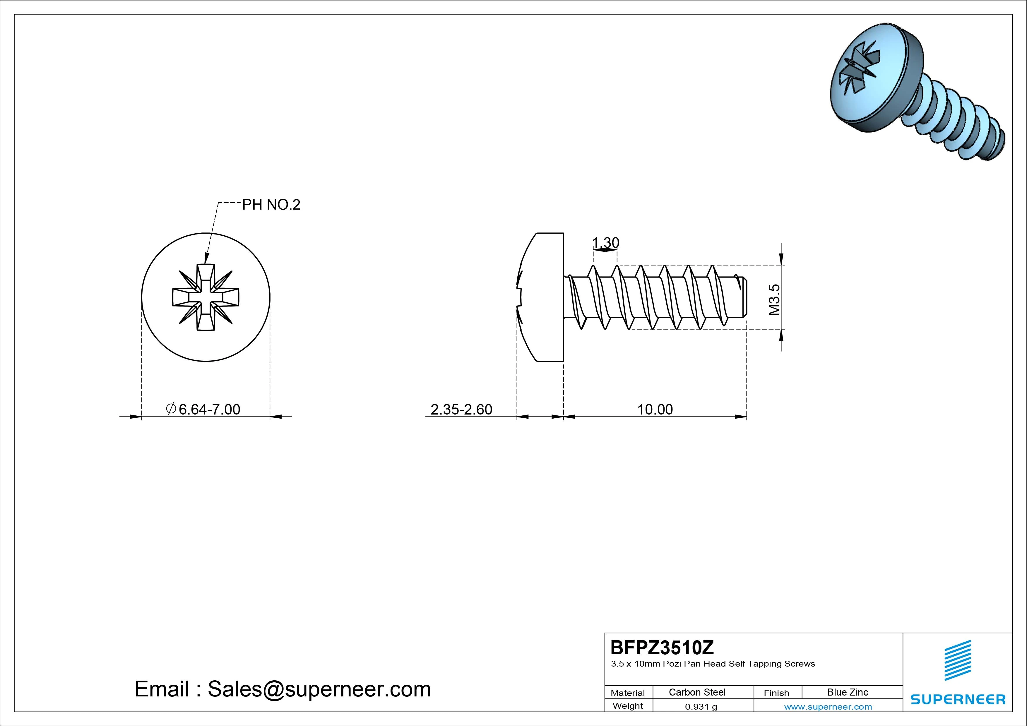 3.5 x 10mm Pozi Pan Head Self Tapping Screws Steel Blue Zinc Plated
