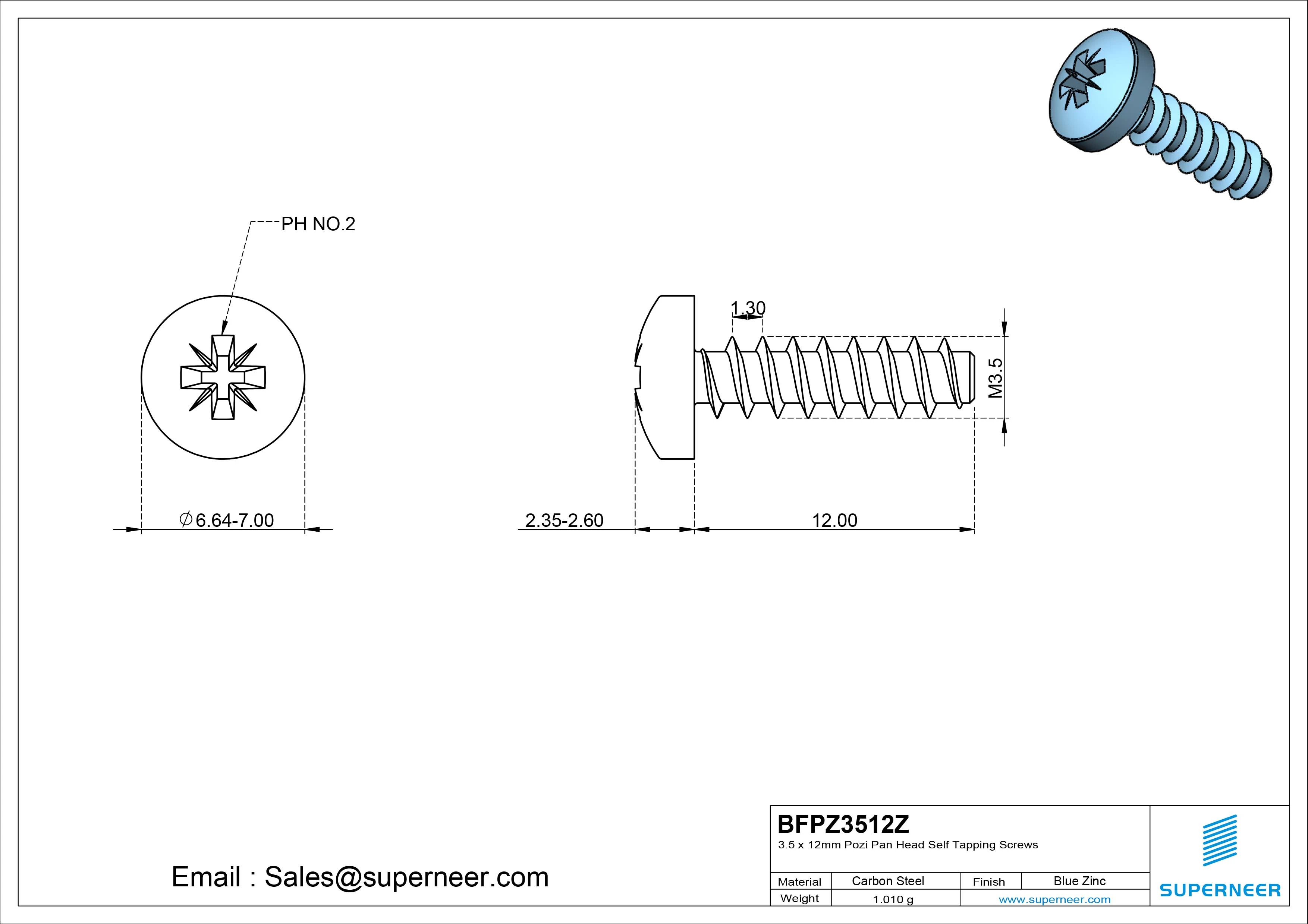 3.5 x 12mm Pozi Pan Head Self Tapping Screws Steel Blue Zinc Plated