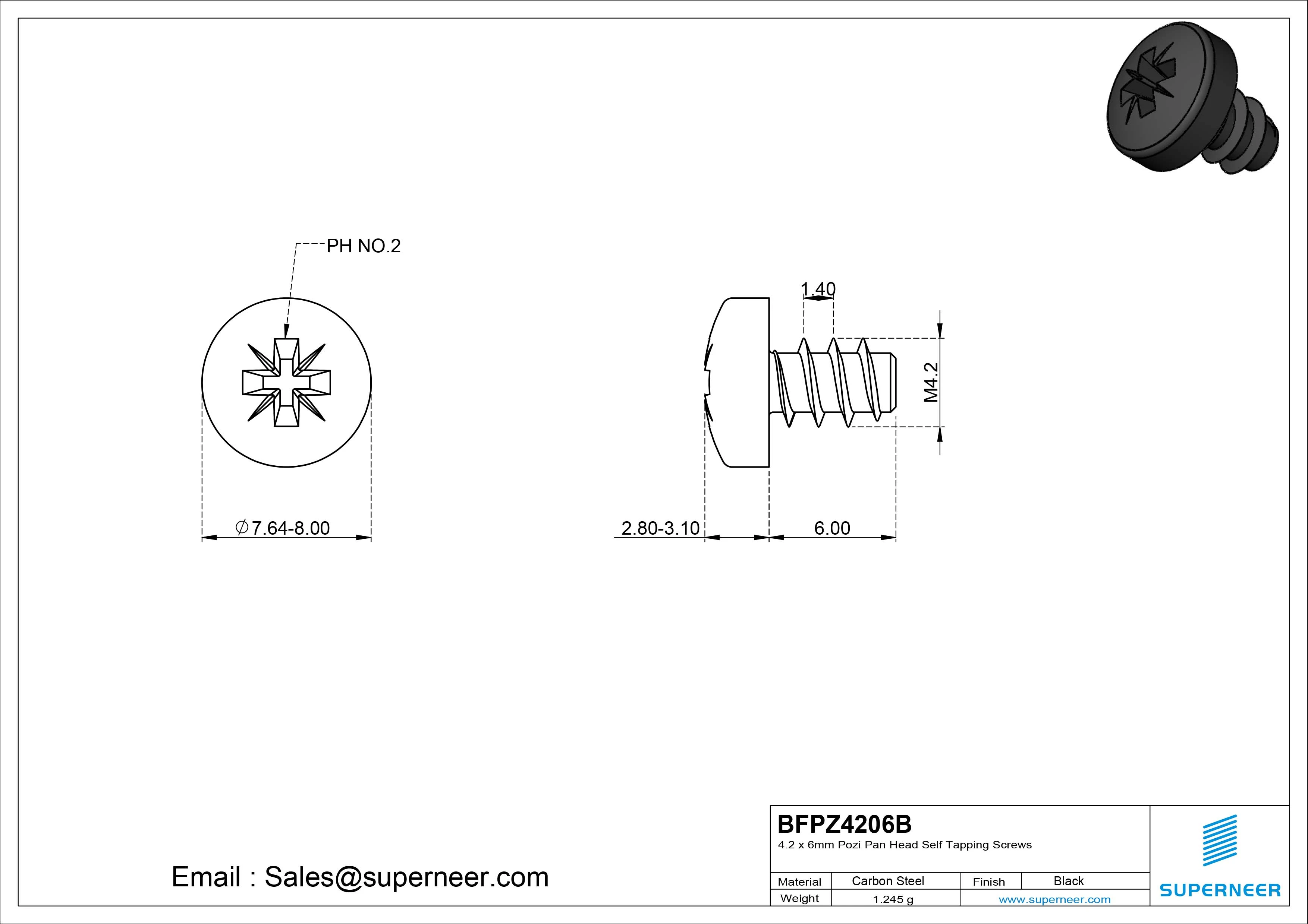 4.2 x 6mm Pozi Pan Head Self Tapping Screws Steel Black Zinc Plated
