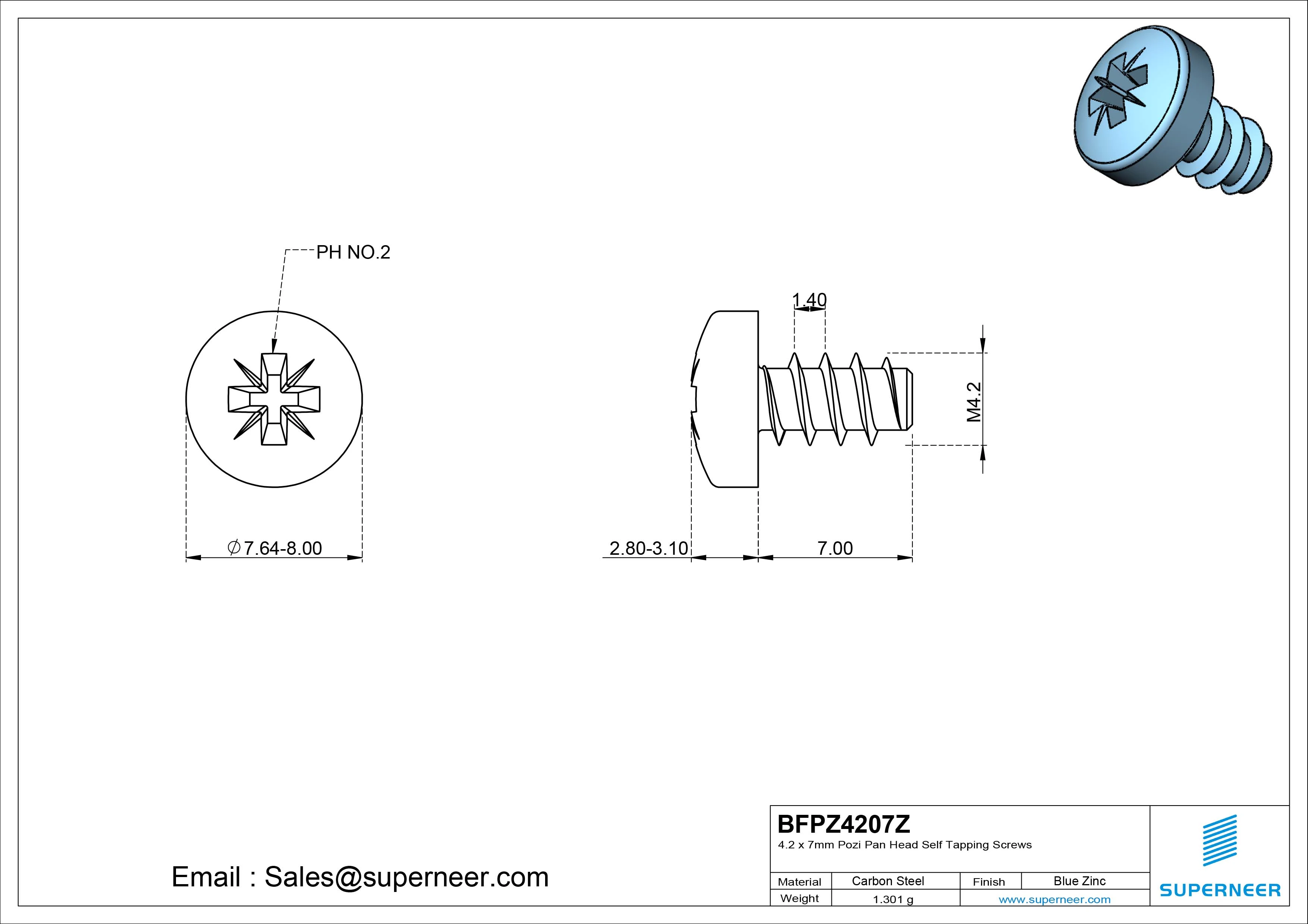4.2 x 7mm Pozi Pan Head Self Tapping Screws Steel Blue Zinc Plated