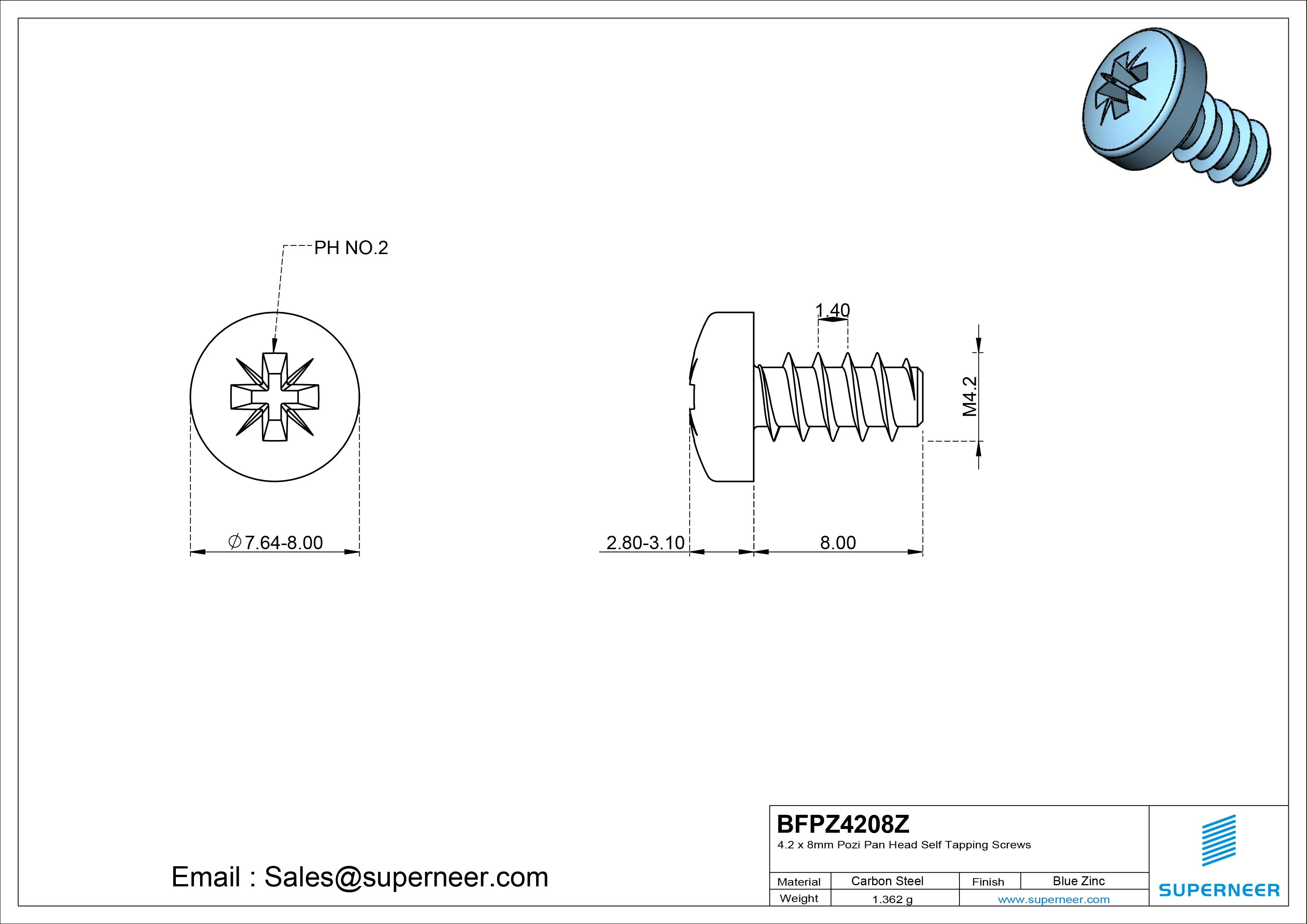 4.2 x 8mm Pozi Pan Head Self Tapping Screws Steel Blue Zinc Plated
