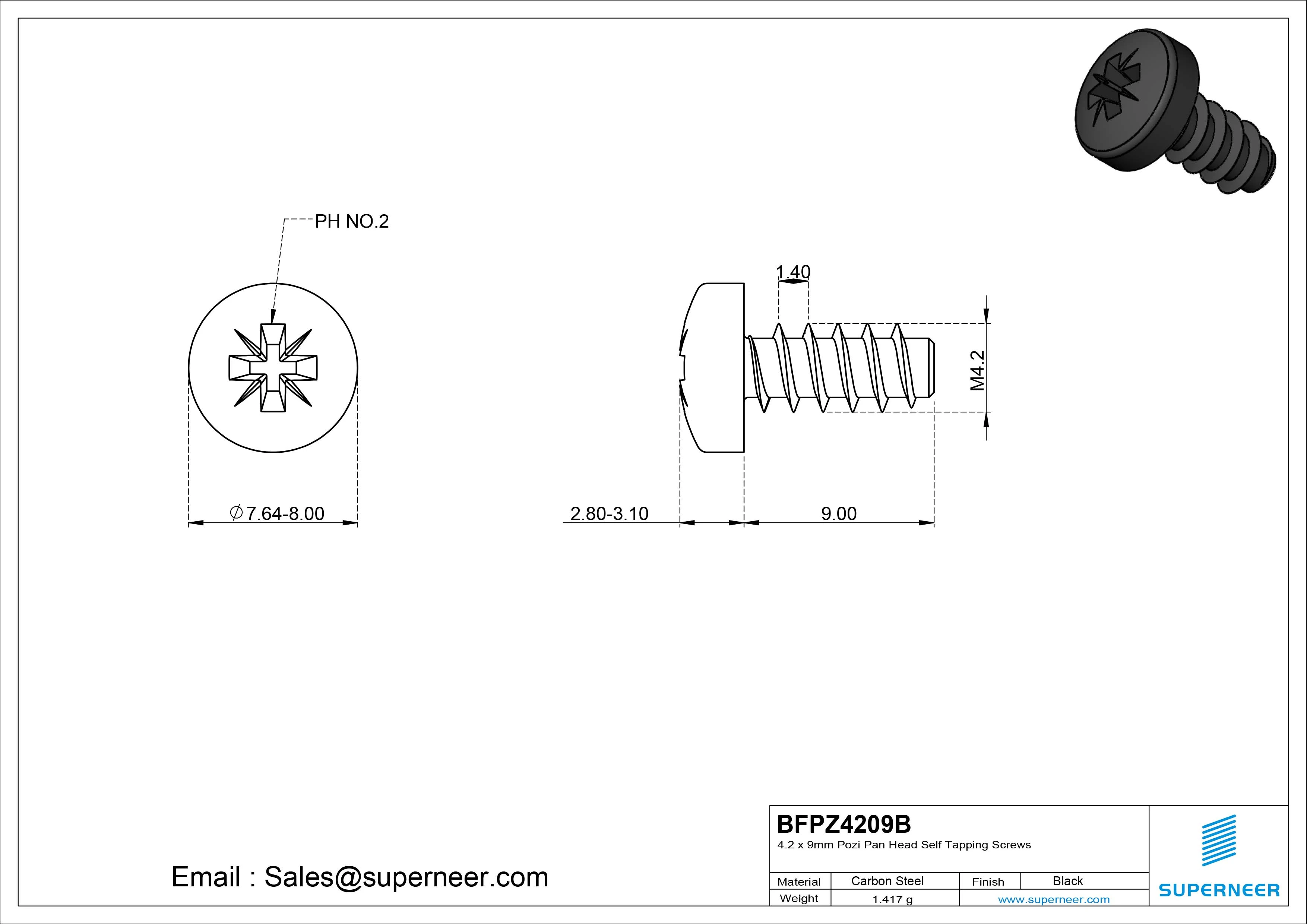 4.2 x 9mm Pozi Pan Head Self Tapping Screws Steel Black Zinc Plated