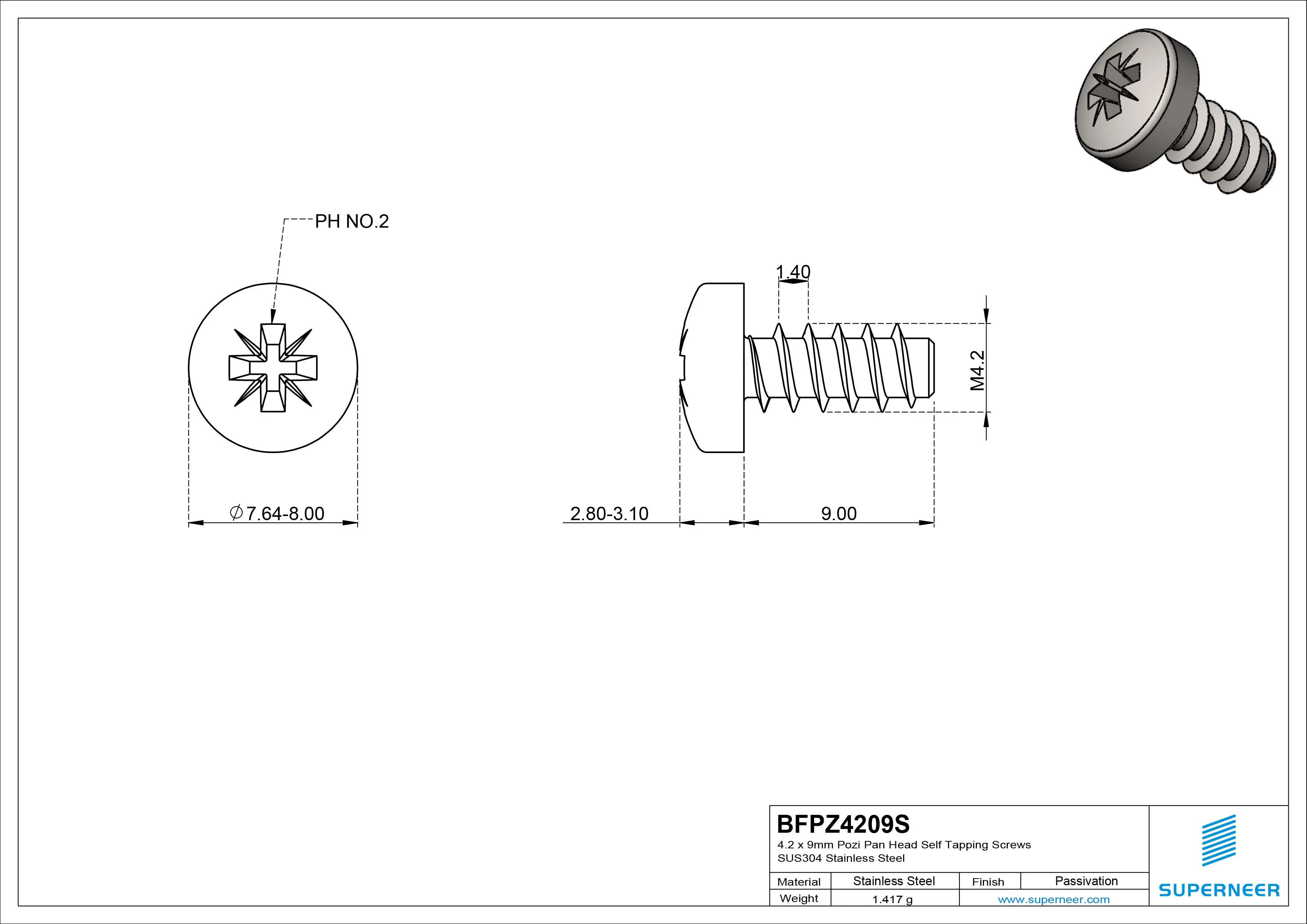 4.2 x 9mm Pozi Pan Head Self Tapping Screws SUS304 Stainless Steel