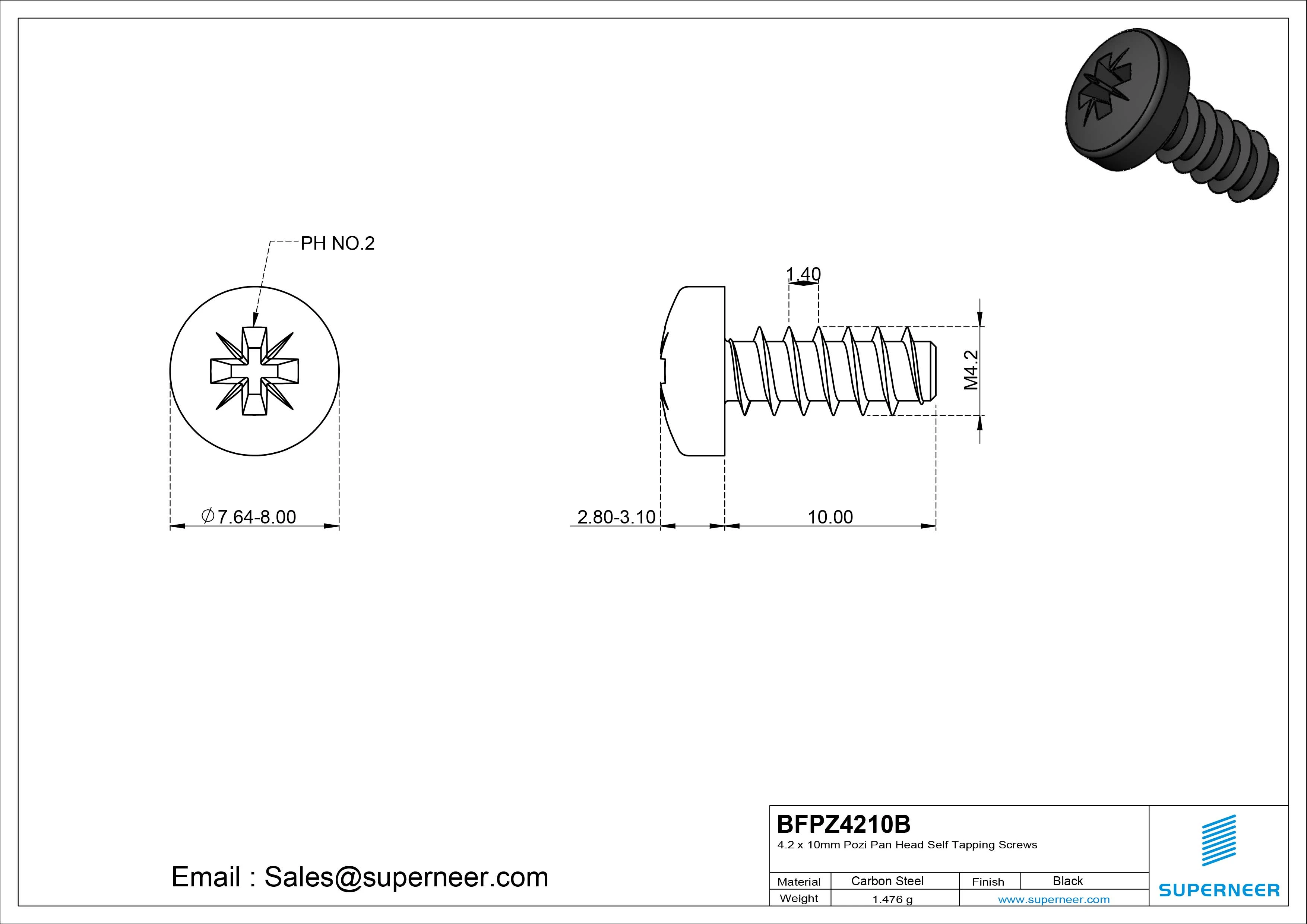 4.2 x 10mm Pozi Pan Head Self Tapping Screws Steel Black Zinc Plated