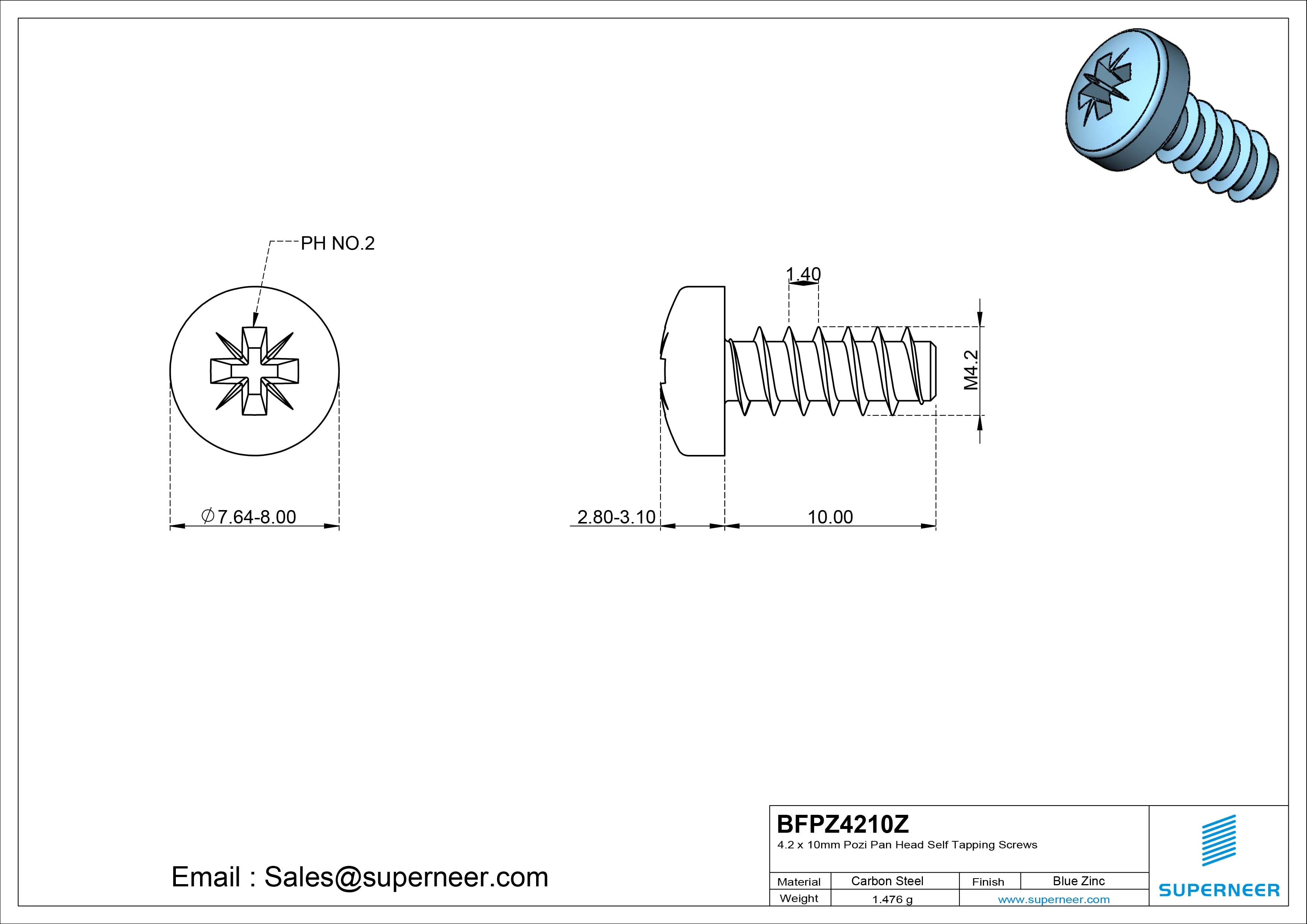 4.2 x 10mm Pozi Pan Head Self Tapping Screws Steel Blue Zinc Plated