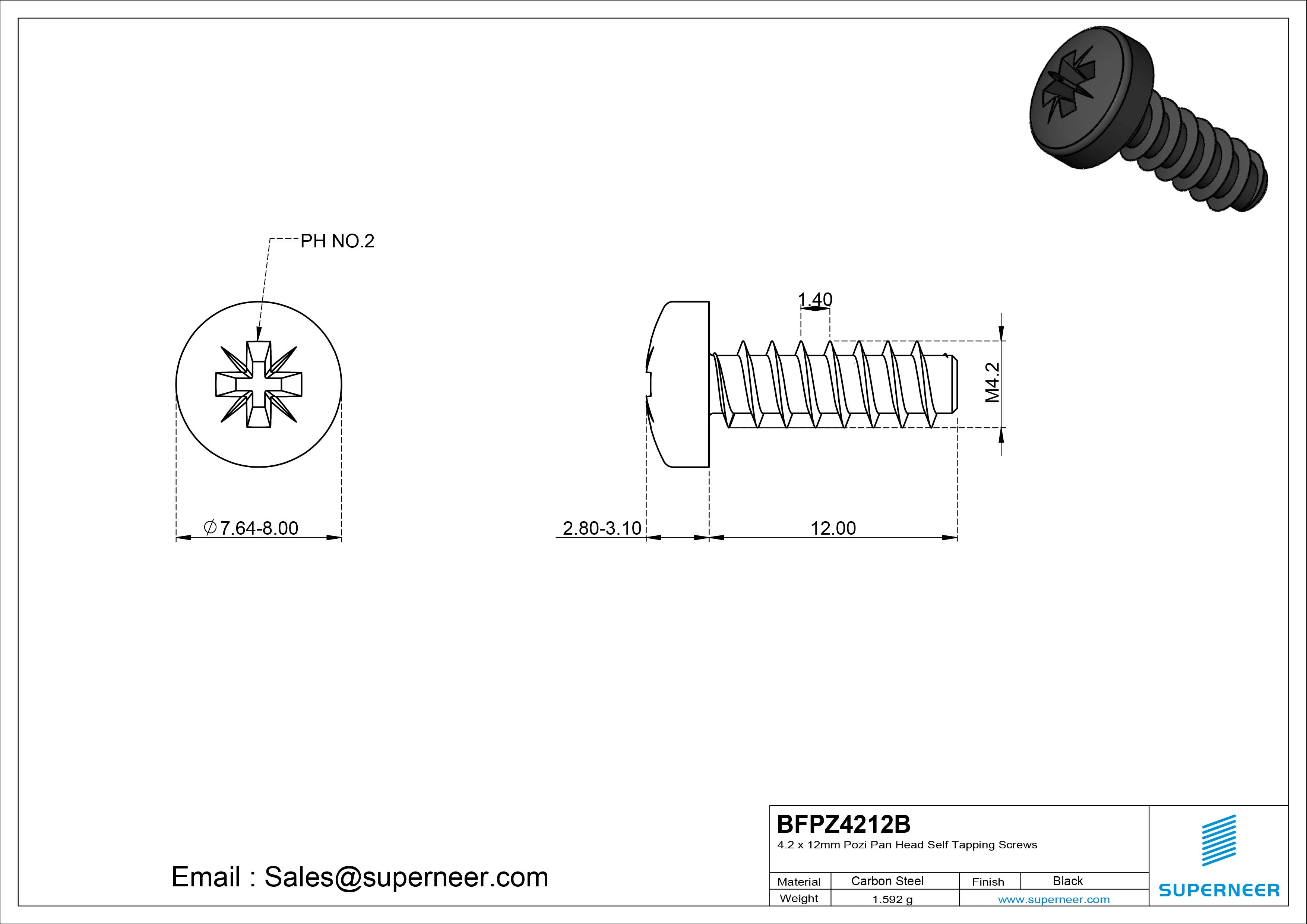 4.2 x 12mm Pozi Pan Head Self Tapping Screws Steel Black Zinc Plated