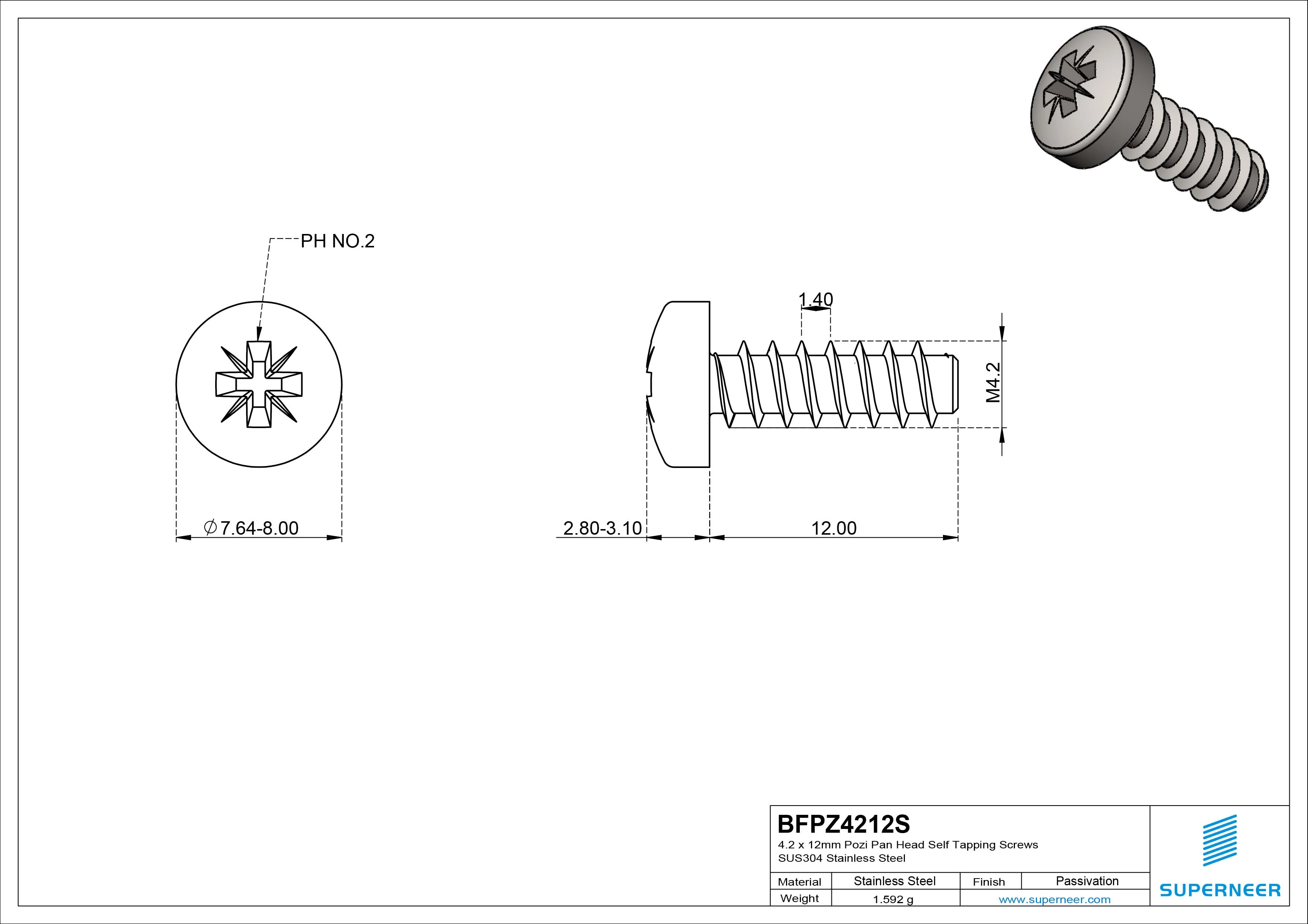 4.2 x 12mm Pozi Pan Head Self Tapping Screws SUS304 Stainless Steel