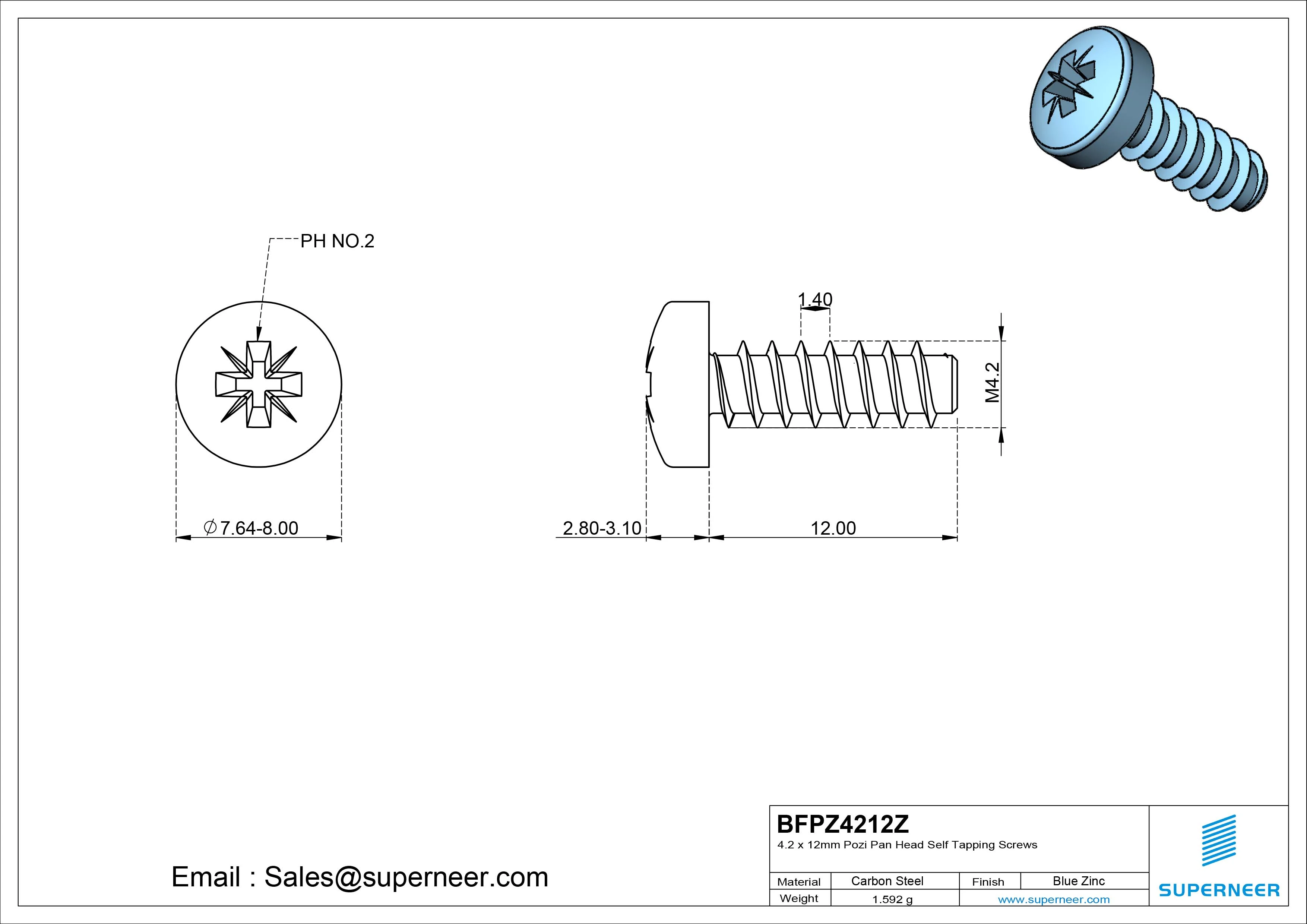 4.2 x 12mm Pozi Pan Head Self Tapping Screws Steel Blue Zinc Plated