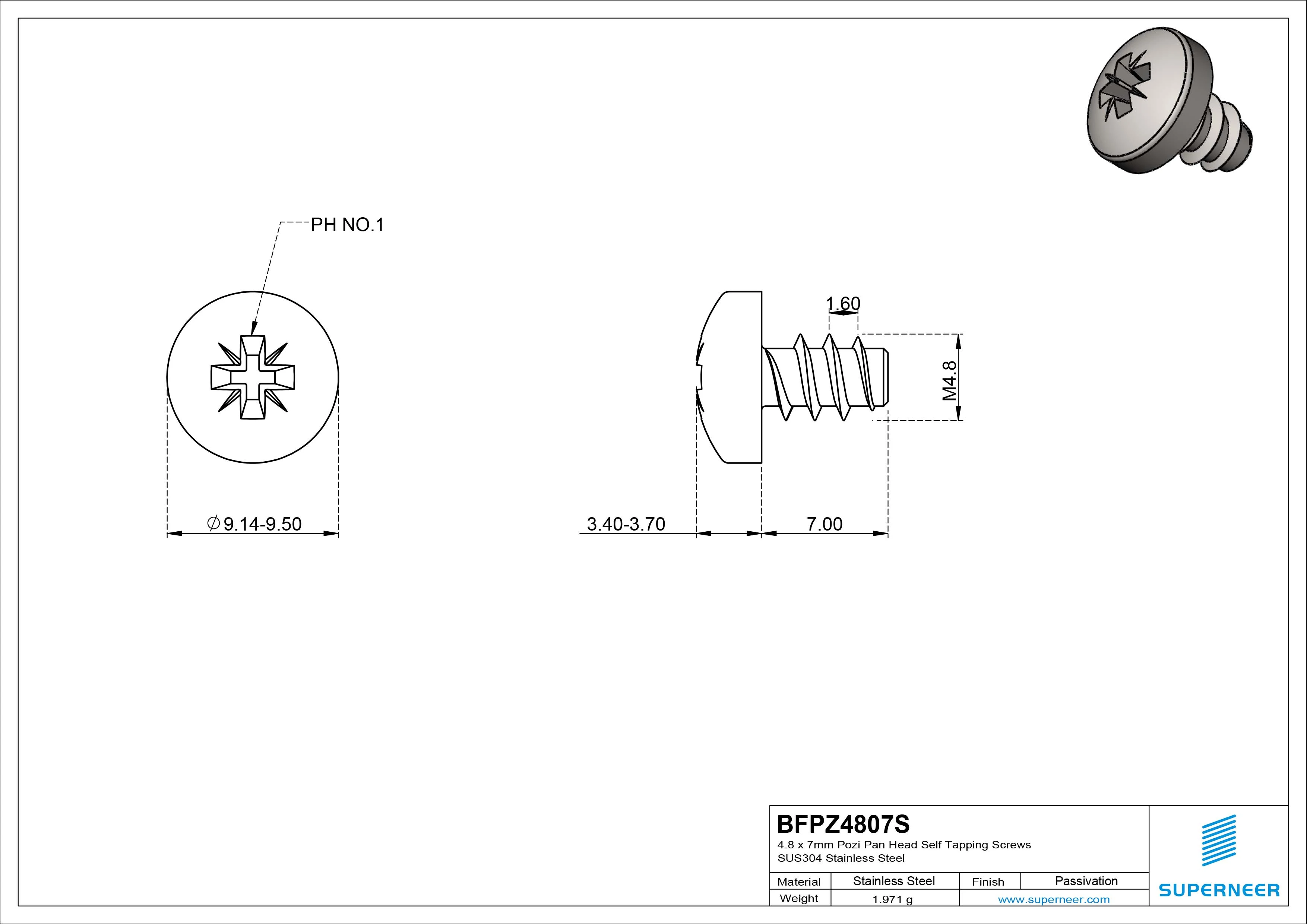 4.8 x 7mm Pozi Pan Head Self Tapping Screws SUS304 Stainless Steel