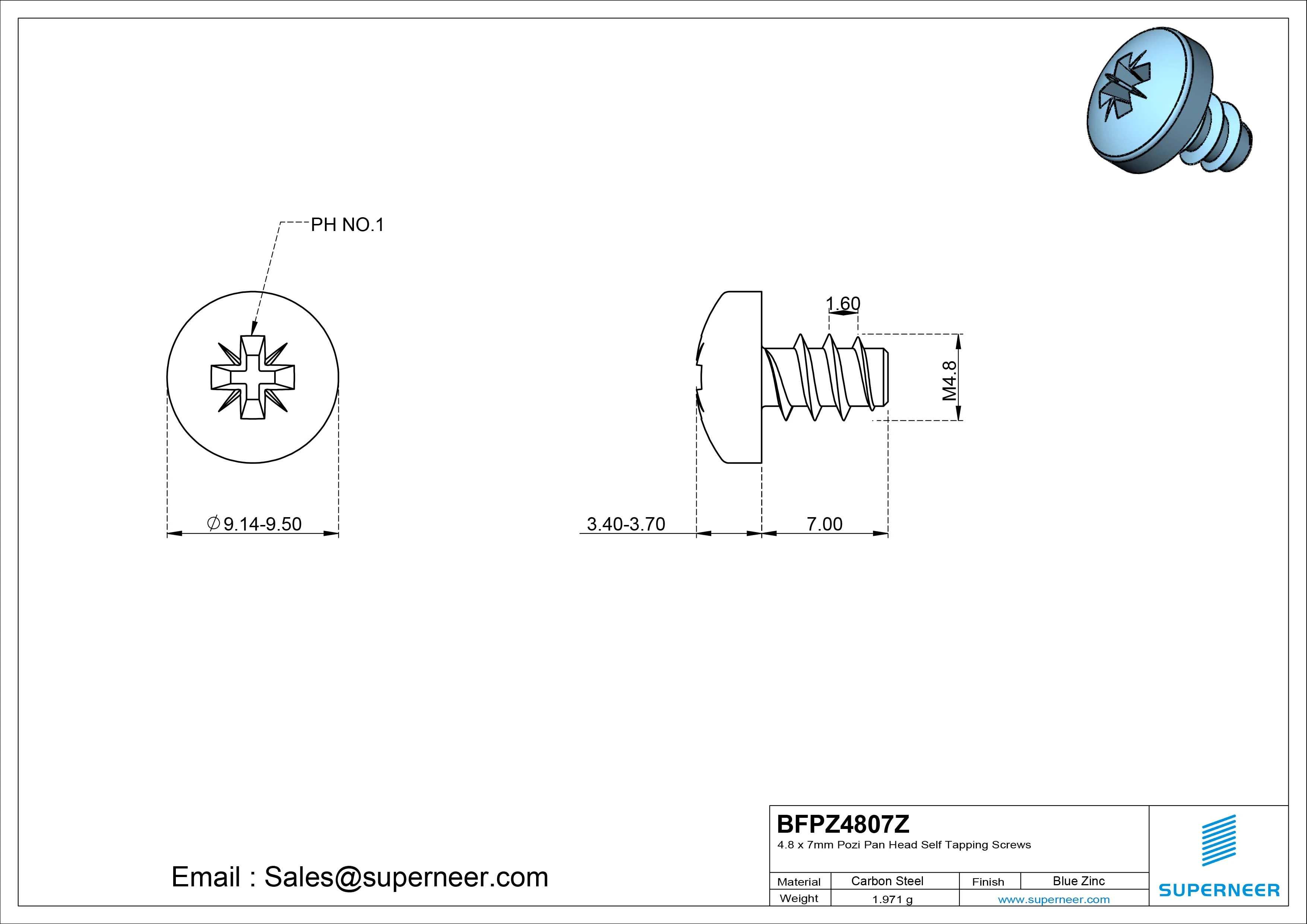 4.8 x 7mm Pozi Pan Head Self Tapping Screws Steel Blue Zinc Plated