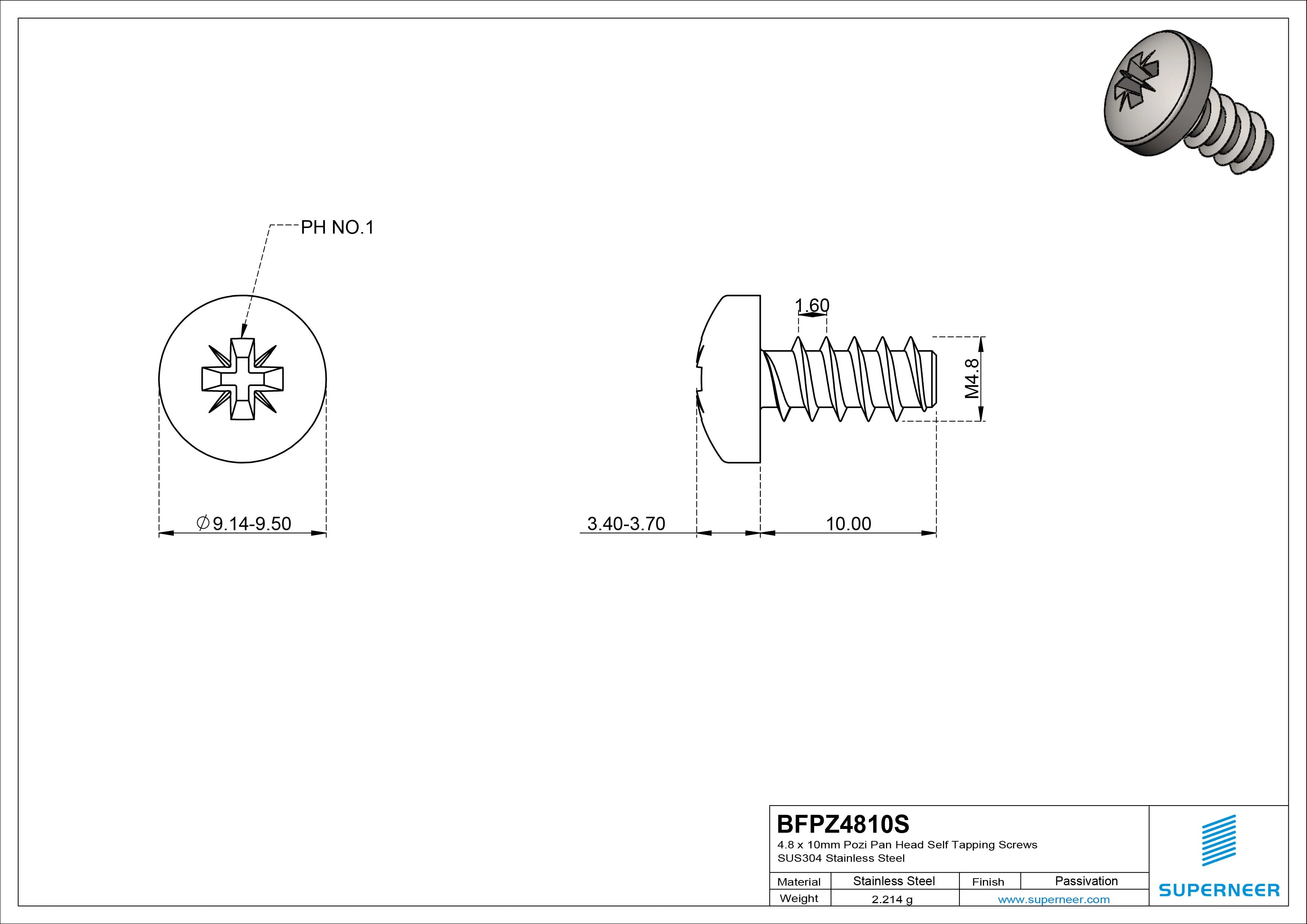 4.8 x 10mm Pozi Pan Head Self Tapping Screws SUS304 Stainless Steel