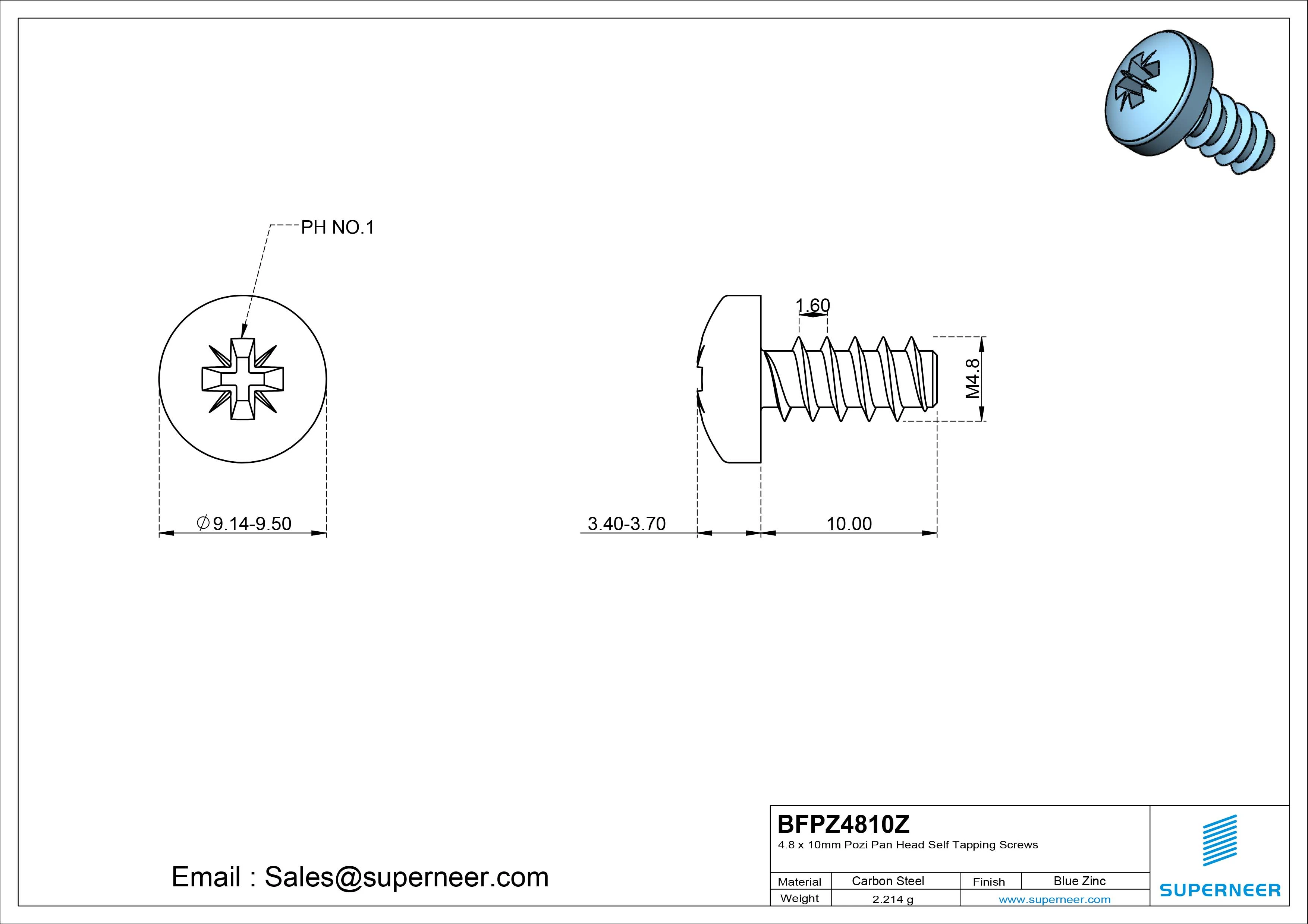 4.8 x 10mm Pozi Pan Head Self Tapping Screws Steel Blue Zinc Plated