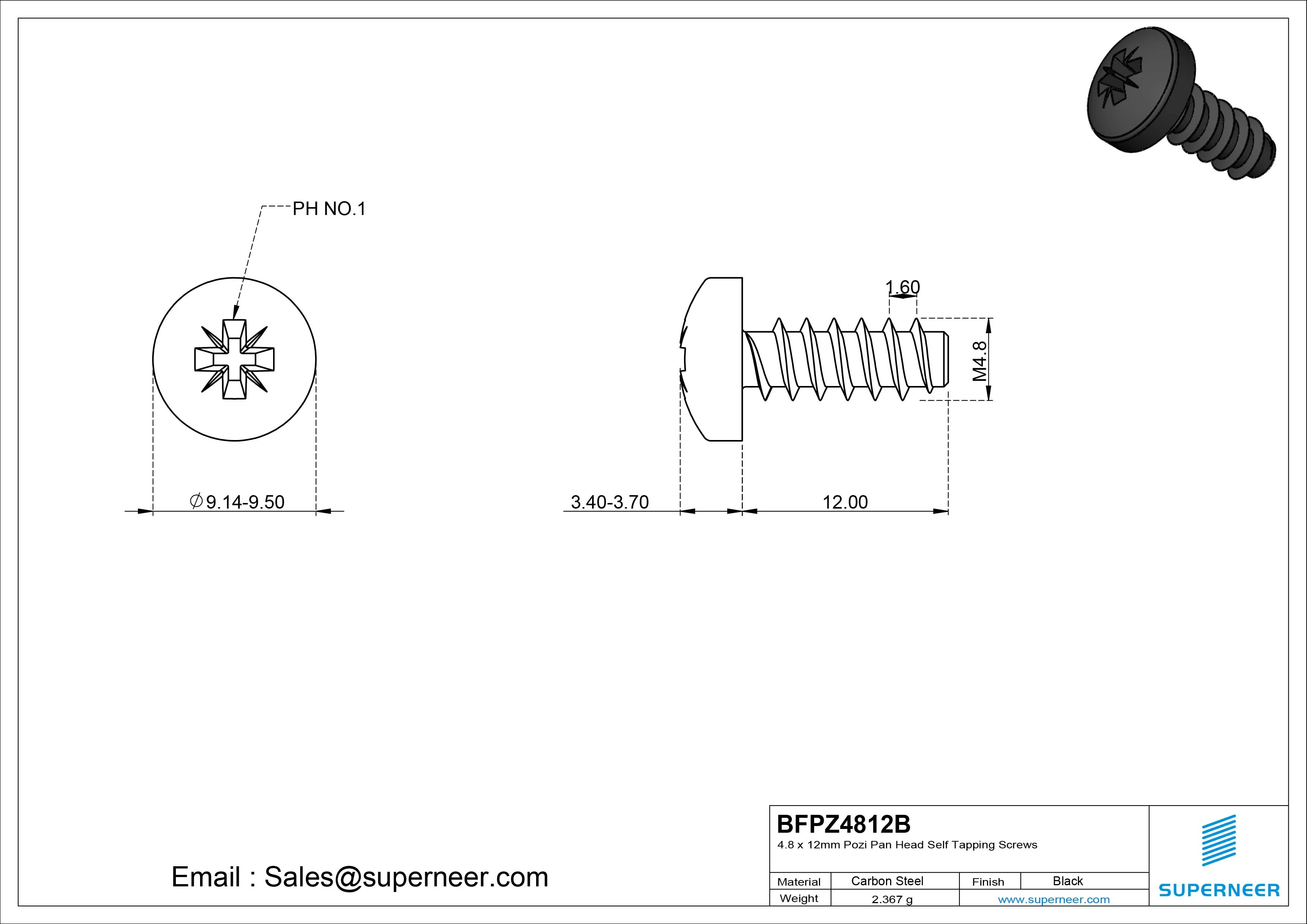 4.8 x 12mm Pozi Pan Head Self Tapping Screws Steel Black Zinc Plated
