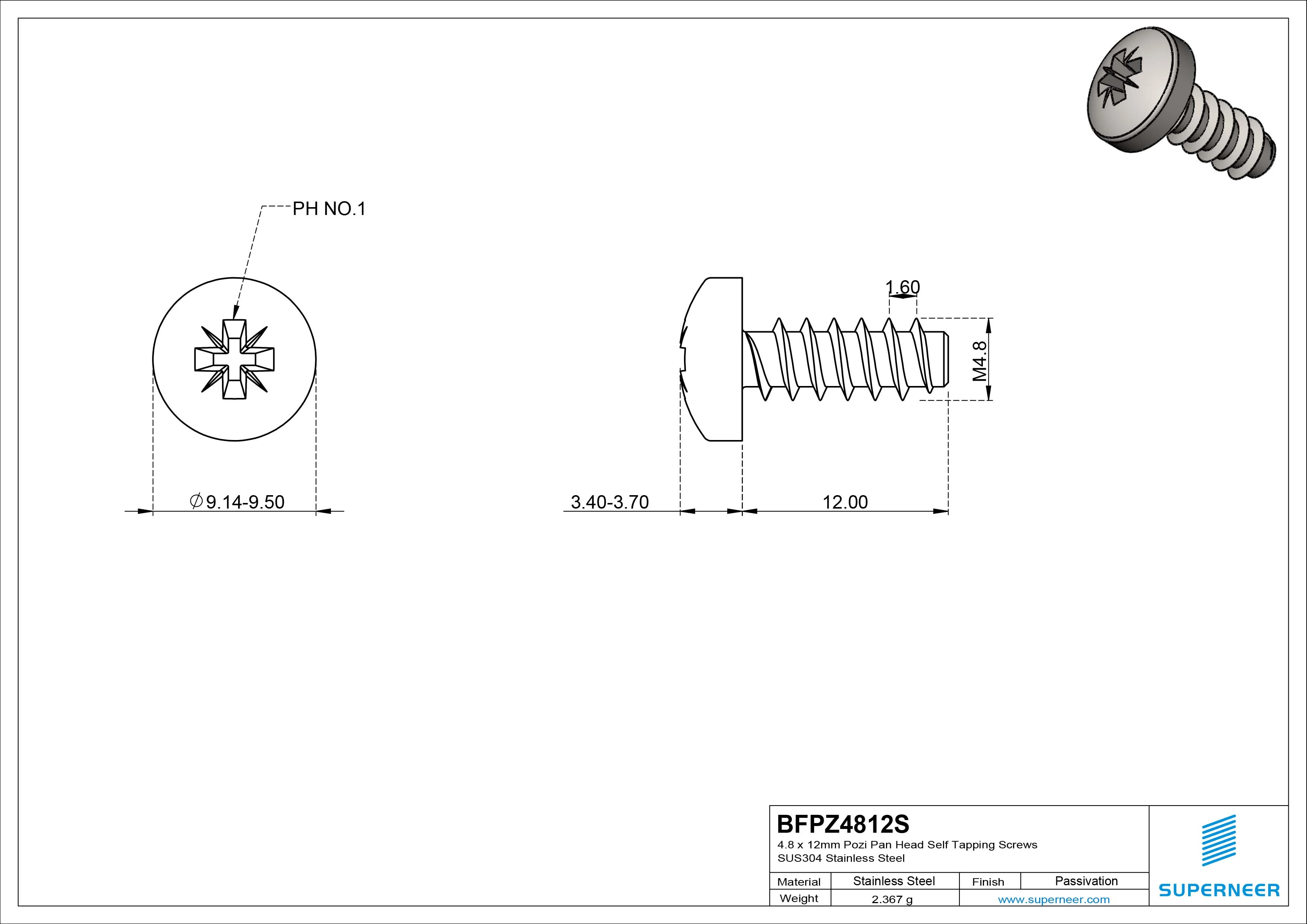 4.8 x 12mm Pozi Pan Head Self Tapping Screws SUS304 Stainless Steel