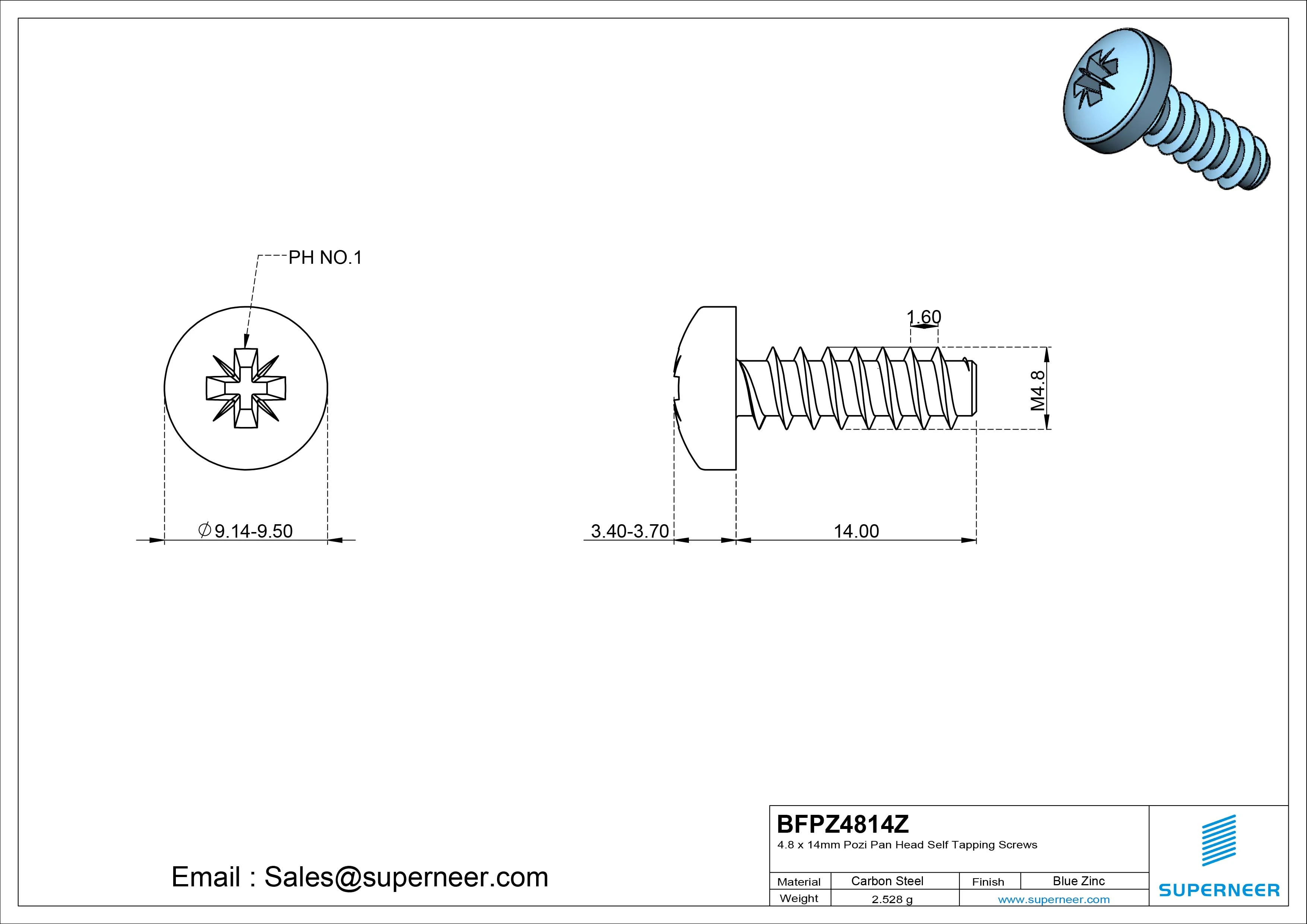 4.8 x 14mm Pozi Pan Head Self Tapping Screws Steel Blue Zinc Plated