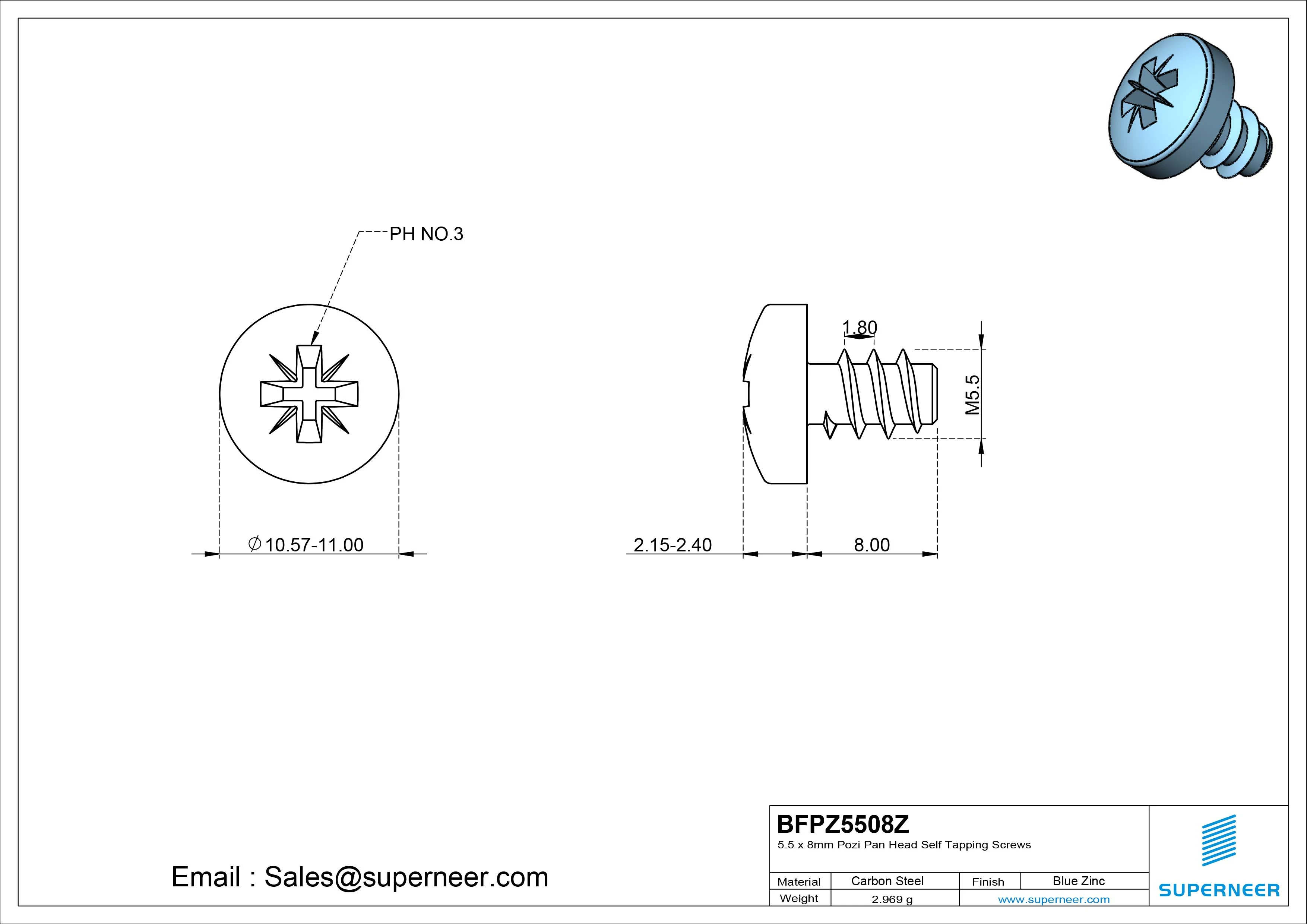 5.5 x 8mm Pozi Pan Head Self Tapping Screws Steel Blue Zinc Plated