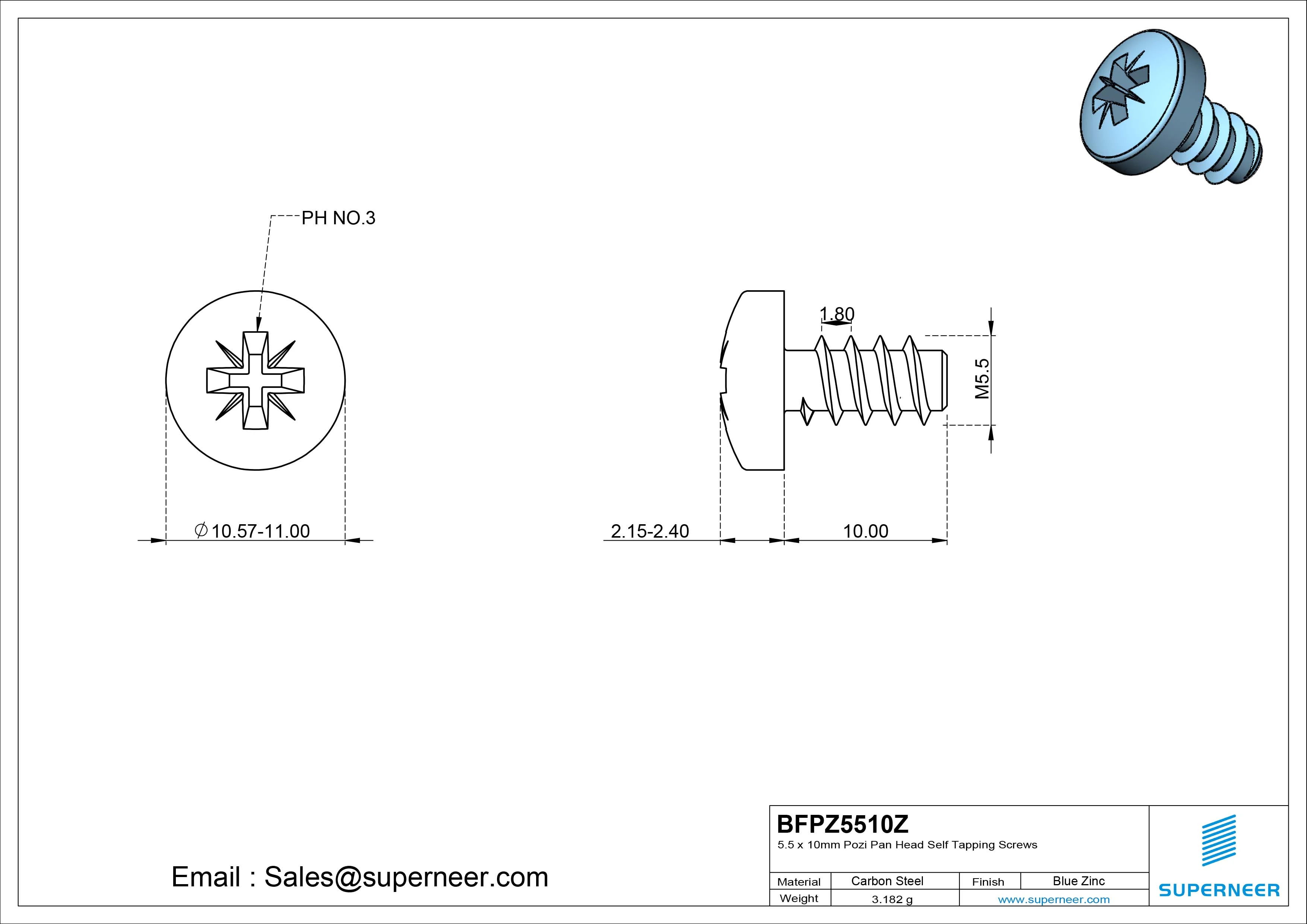 5.5 x 10mm Pozi Pan Head Self Tapping Screws Steel Blue Zinc Plated