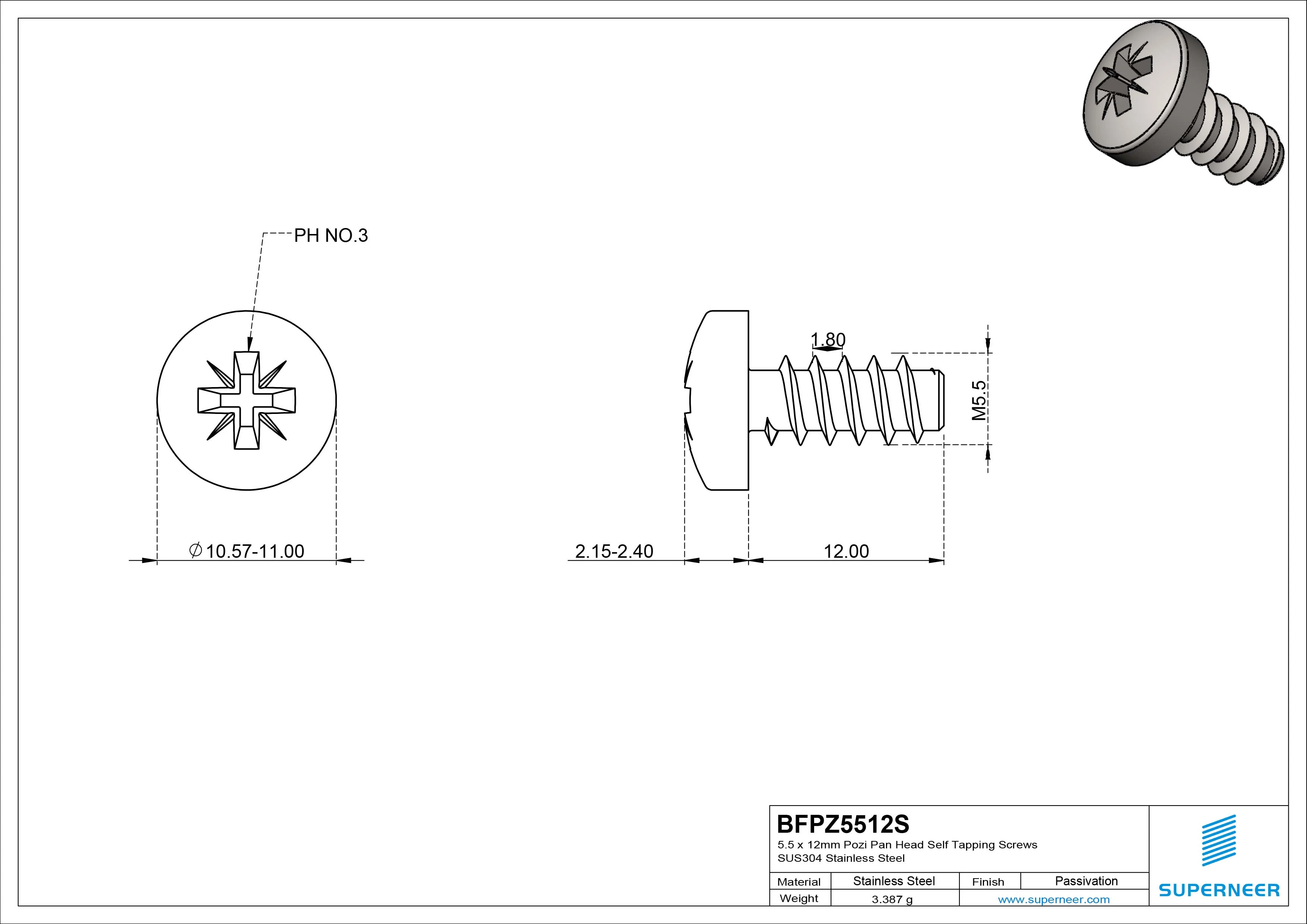 5.5 x 12mm Pozi Pan Head Self Tapping Screws SUS304 Stainless Steel