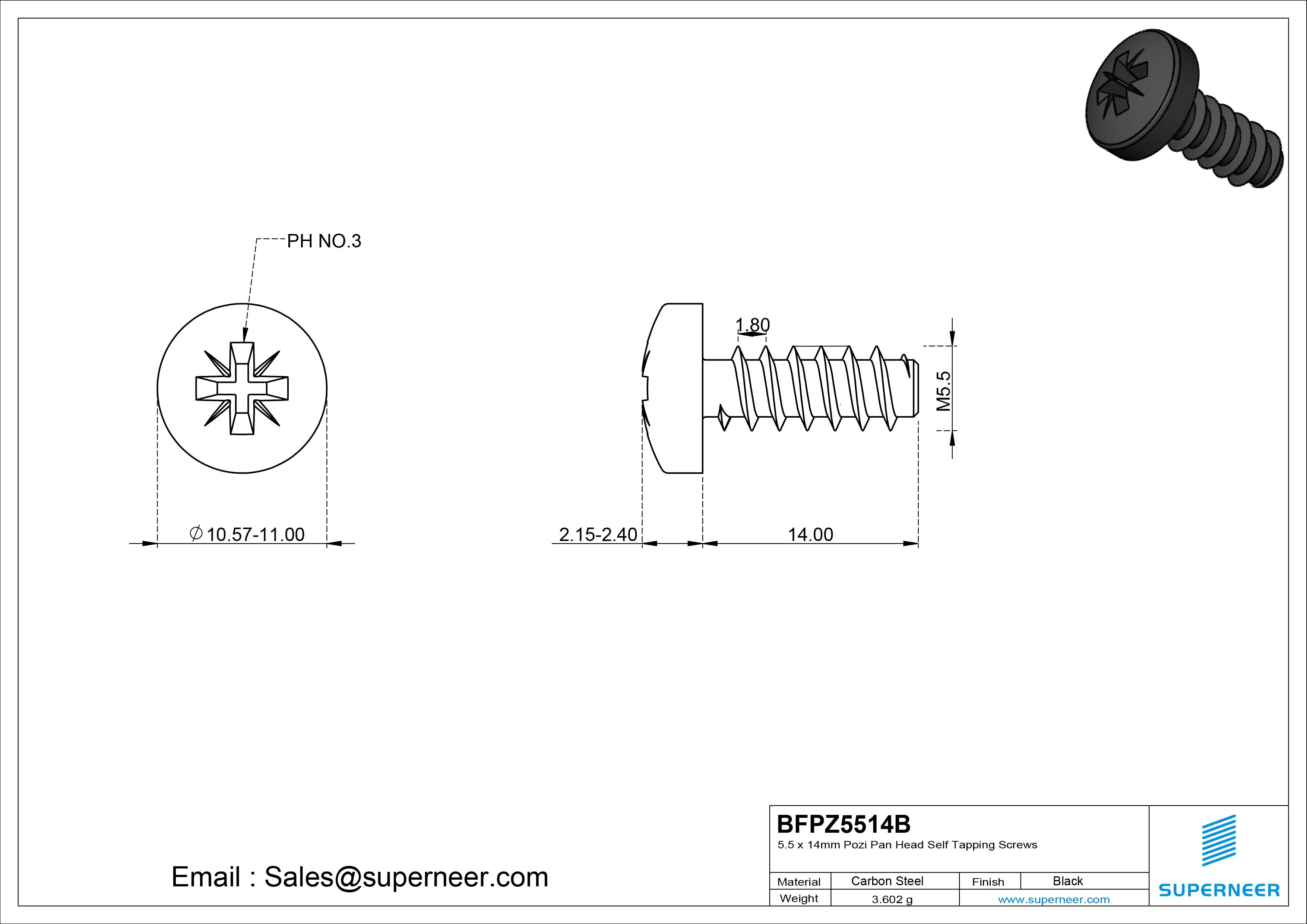 5.5 x 14mm Pozi Pan Head Self Tapping Screws Steel Black Zinc Plated