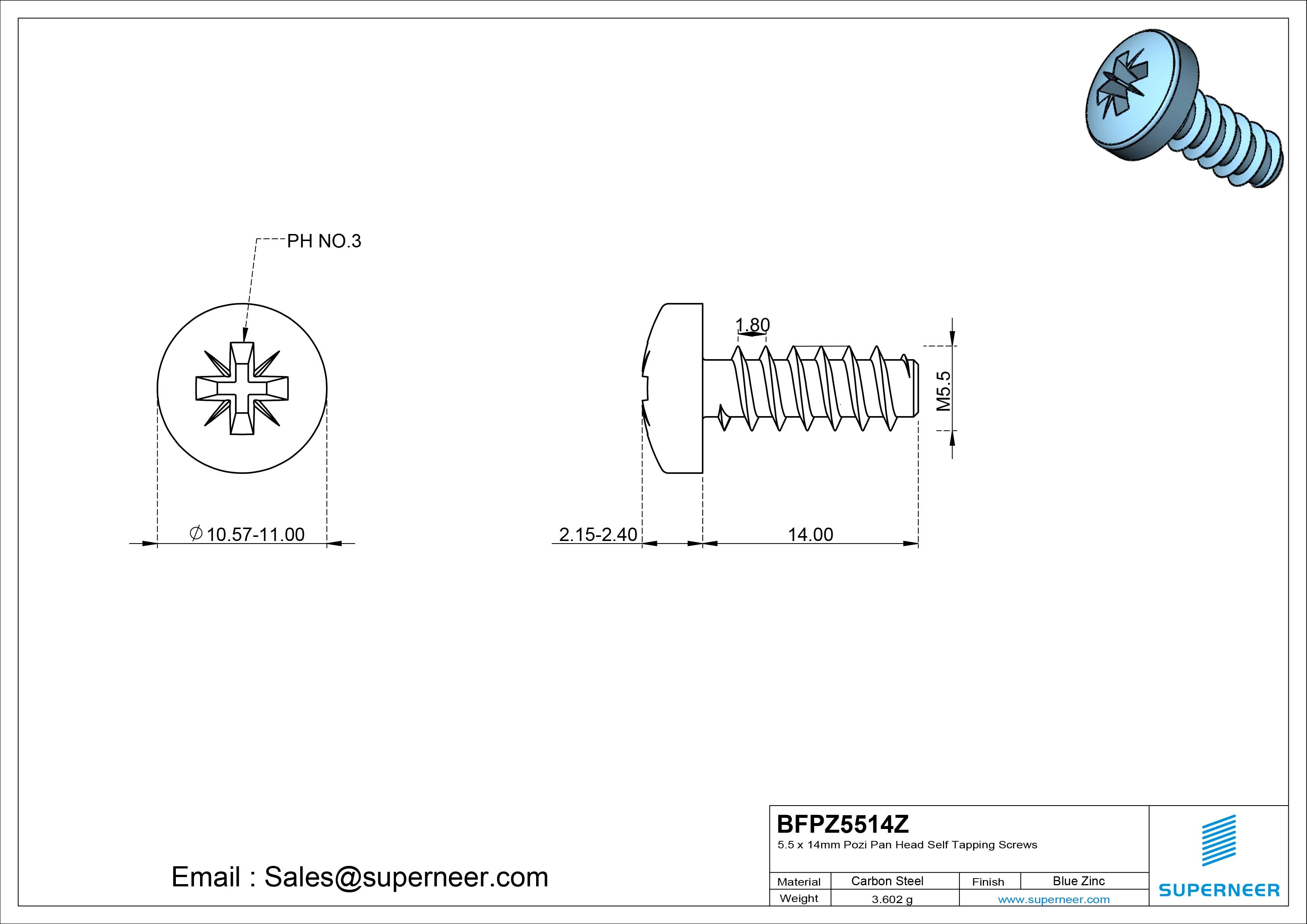 5.5 x 14mm Pozi Pan Head Self Tapping Screws Steel Blue Zinc Plated