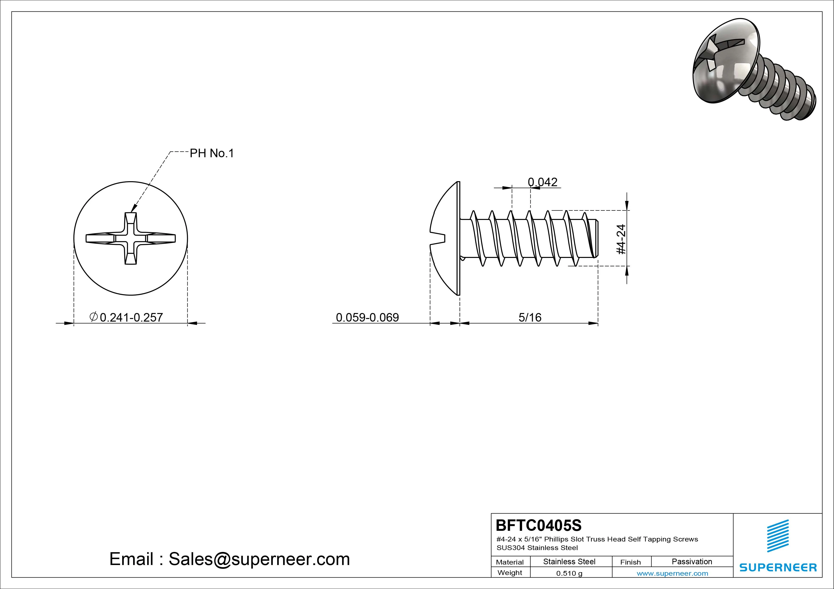 #4-24 x 5/16" Phillips Slot Truss Head Self Tapping Screws SUS304 Stainless Steel