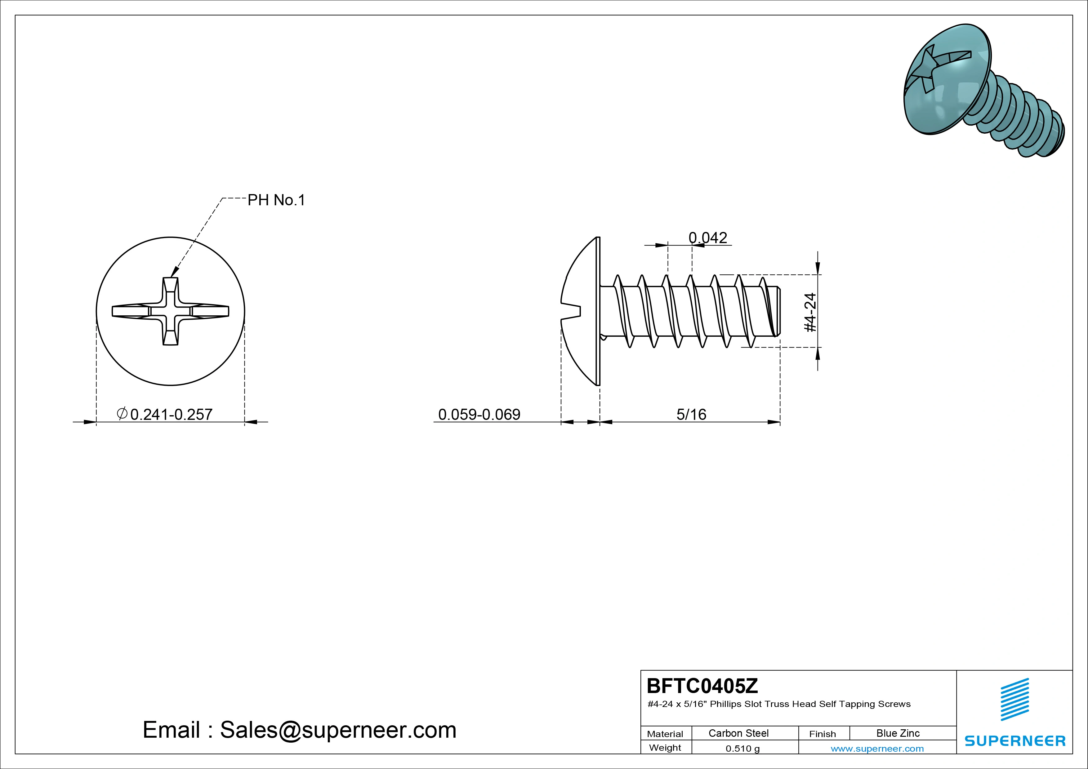 #4-24 x 5/16" Phillips Slot Truss Head Self Tapping Screws Steel Blue Zinc Plated
