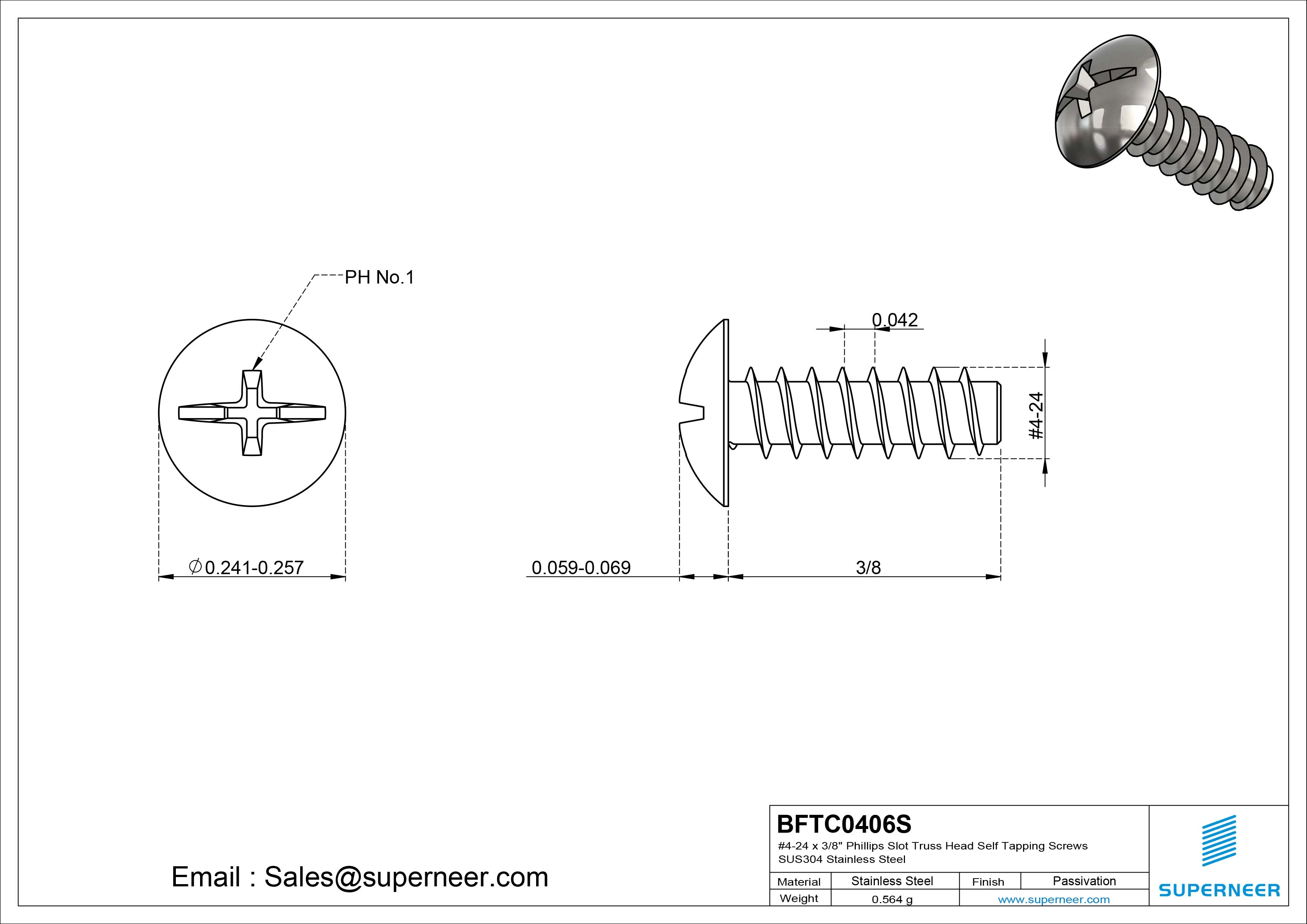 #4-24 x 3/8" Phillips Slot Truss Head Self Tapping Screws SUS304 Stainless Steel