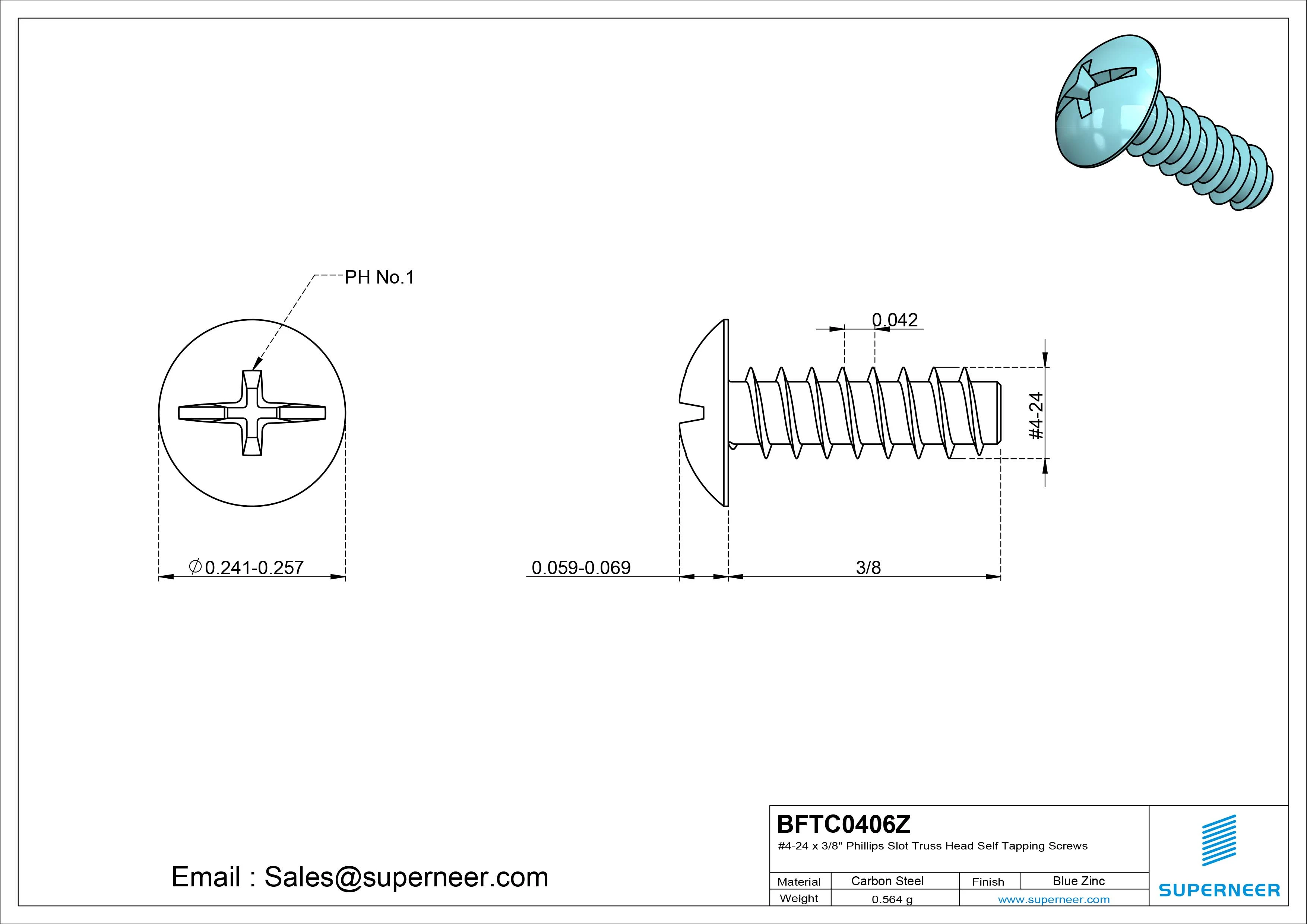 #4-24 x 3/8" Phillips Slot Truss Head Self Tapping Screws Steel Blue Zinc Plated